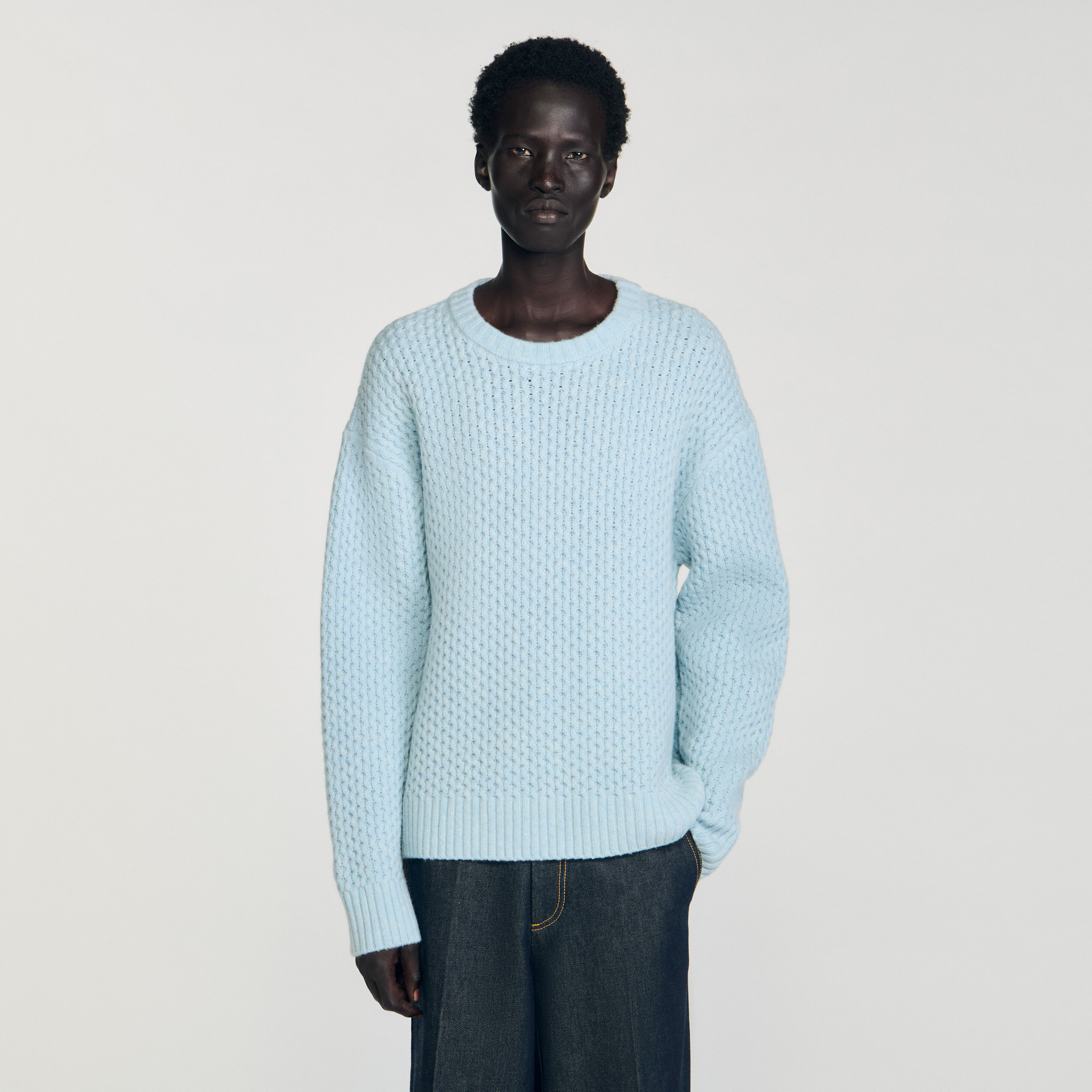 Honeycomb stitch wool sweater blue for Men | Sandro Paris