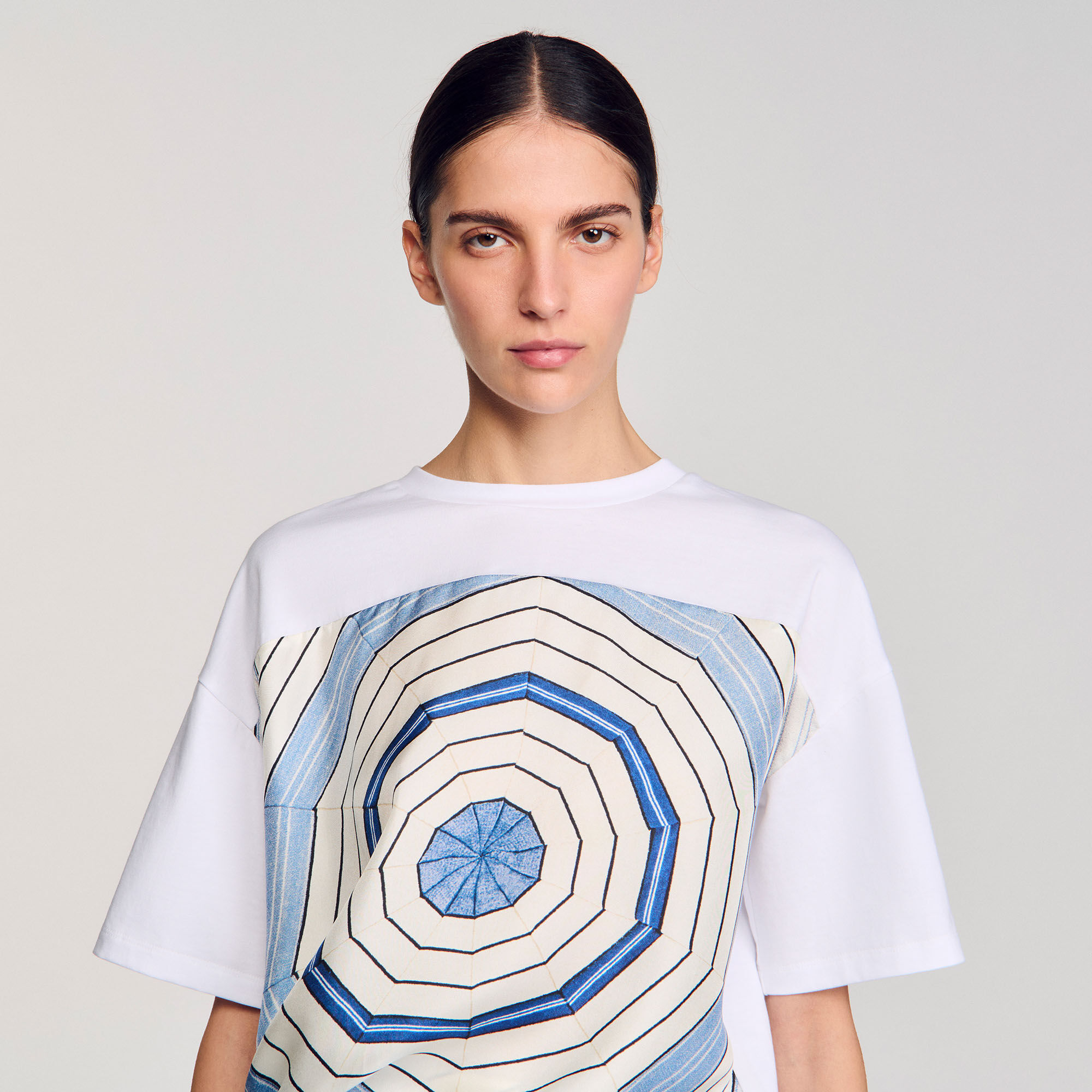【海外限定】SandroTシャツ☆Spiral-Print Side-Tie Cotton T-Sh Spiral print T-shirt blue For Women | Sandro Paris