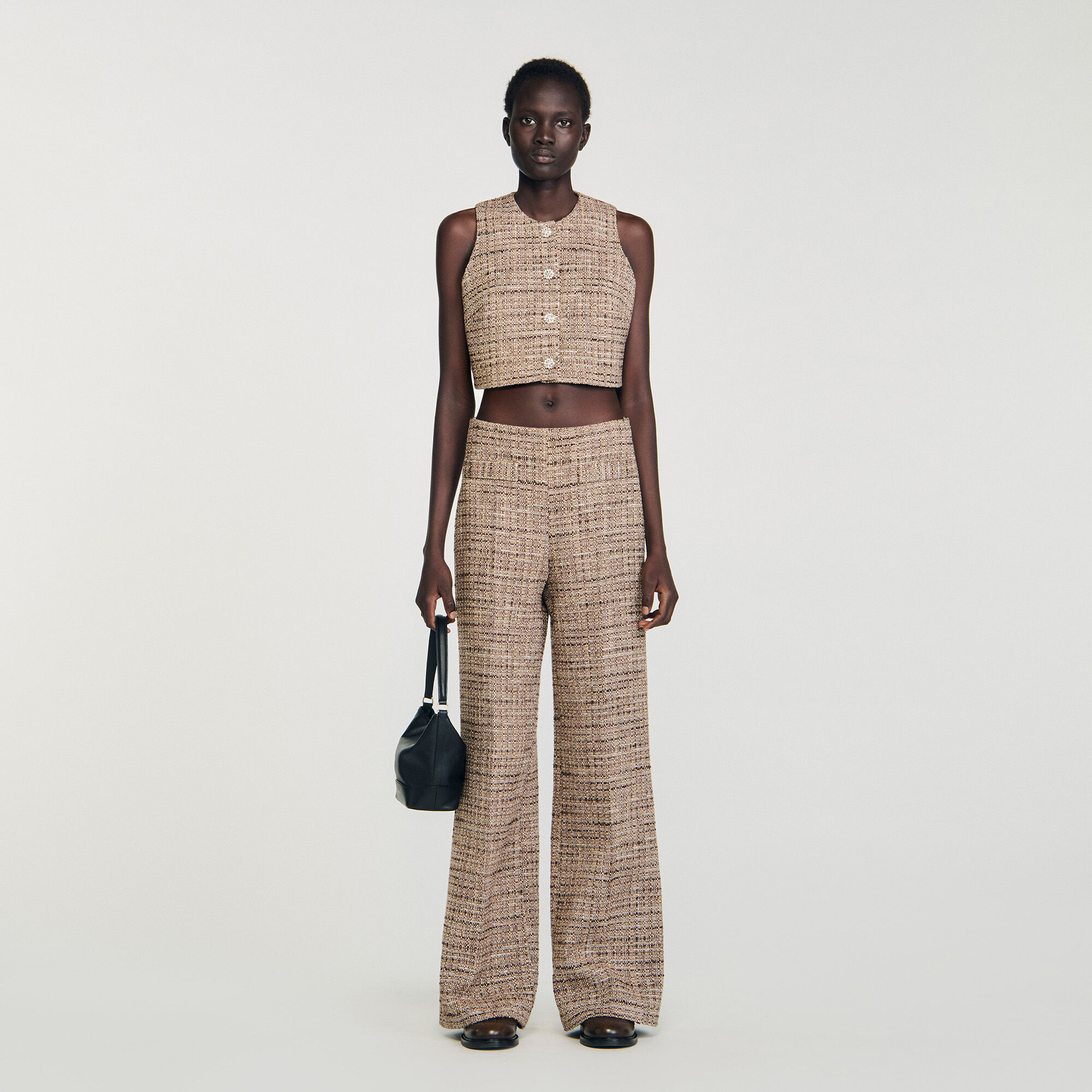 Decorative tweed trousers brown For Women | Sandro Paris