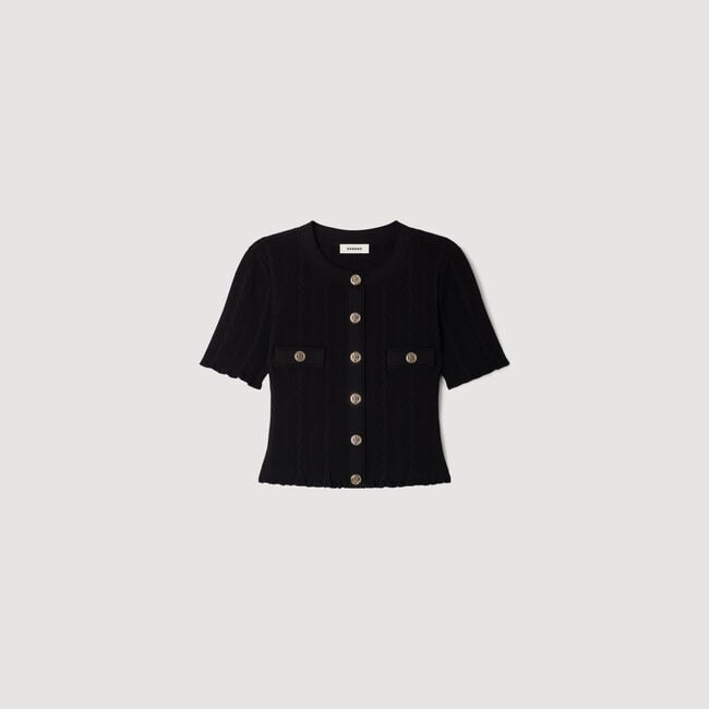 Cropped pointelle knit cardigan