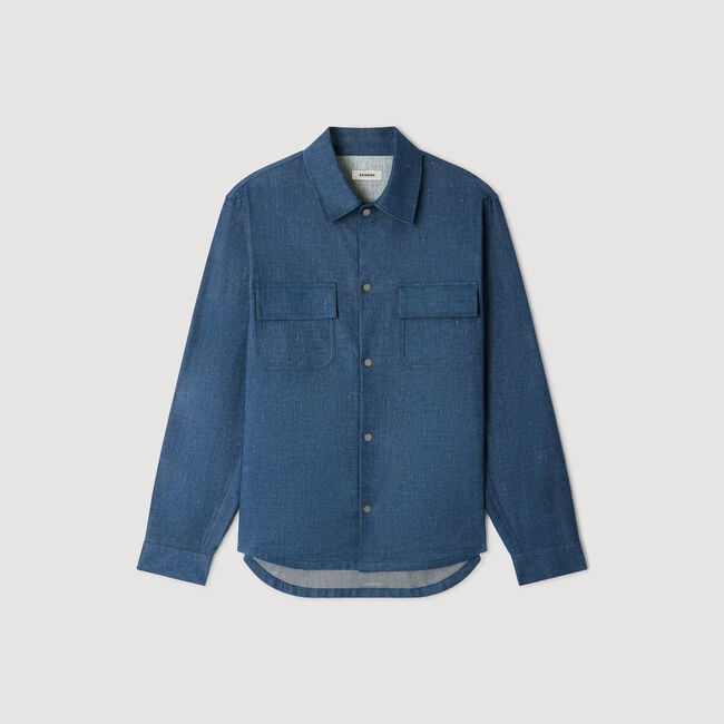 Denim-effect cotton and linen shirt