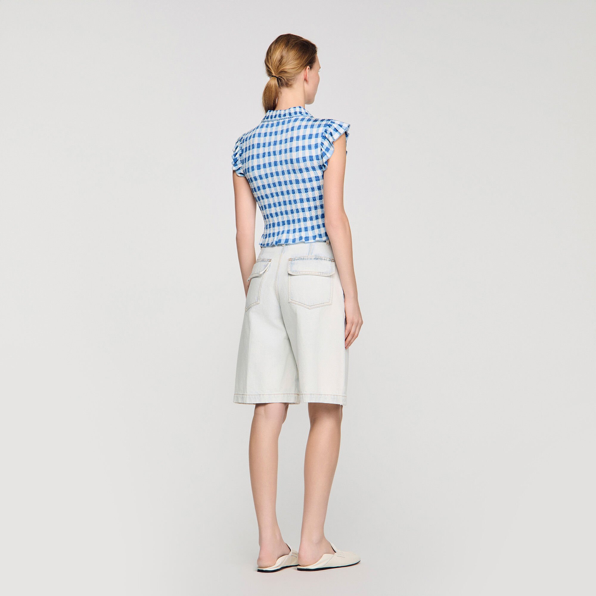 Check smocked T-shirt