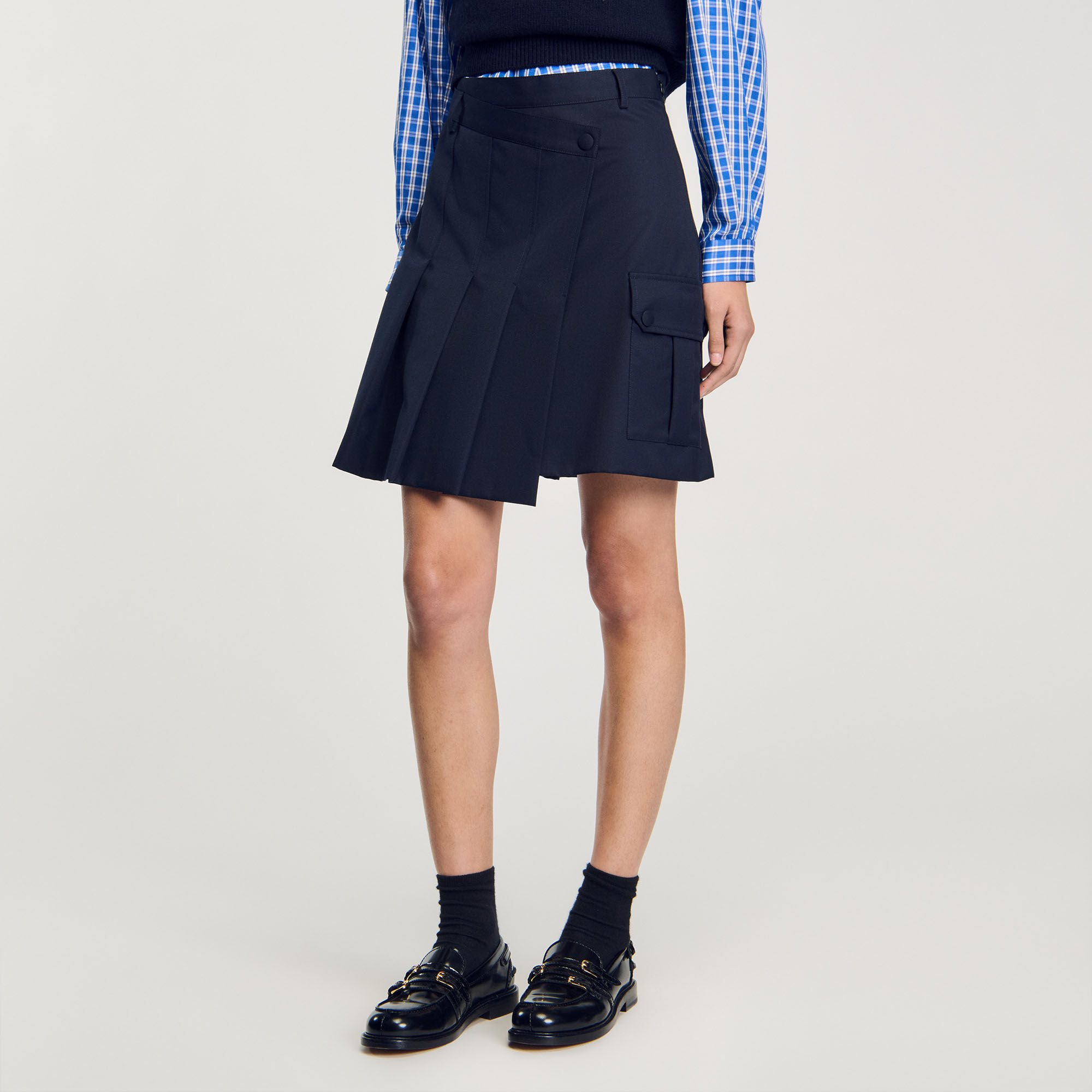 Short asymmetrical pleated skirt blue For Women | Sandro Paris
