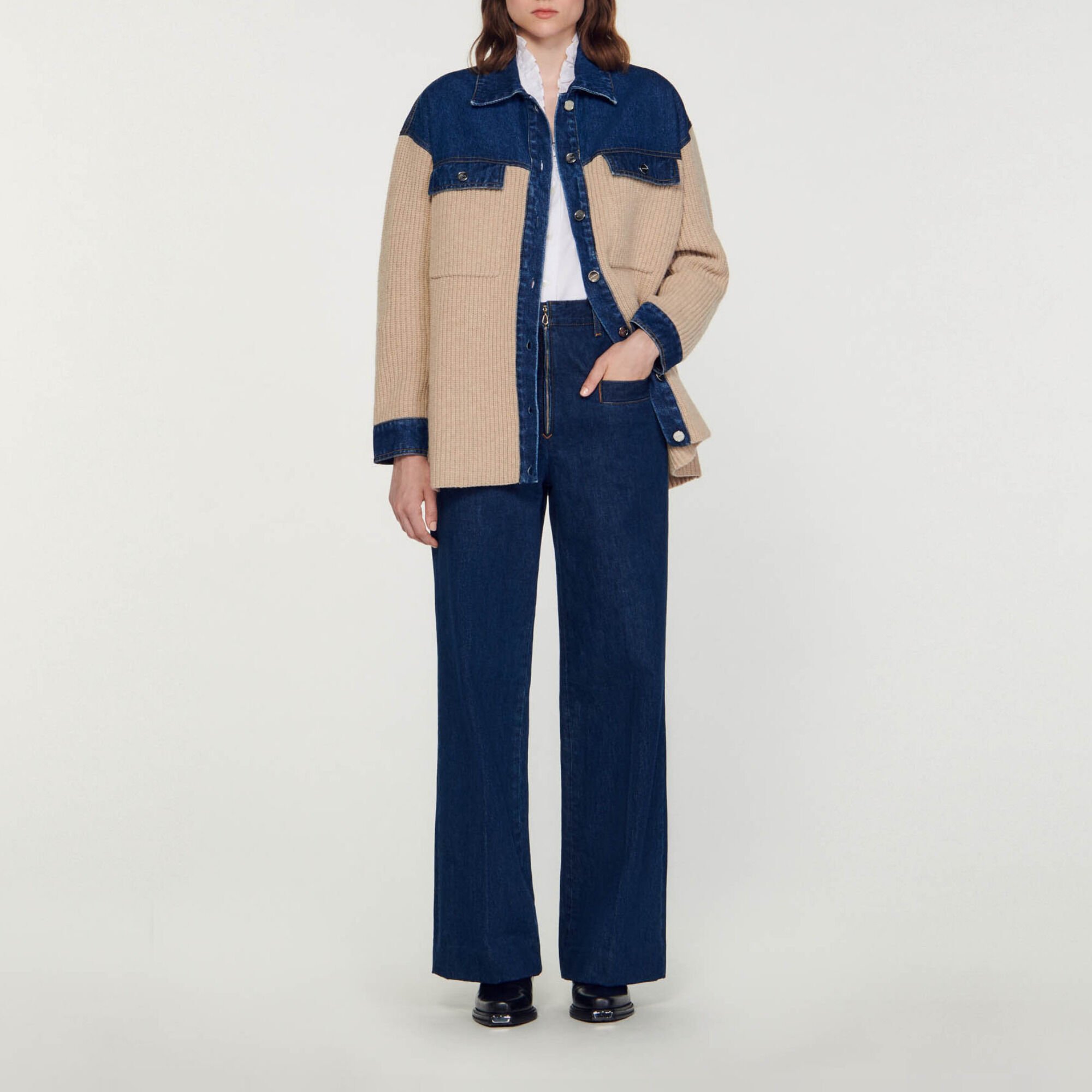 Knit and denim cardicoat