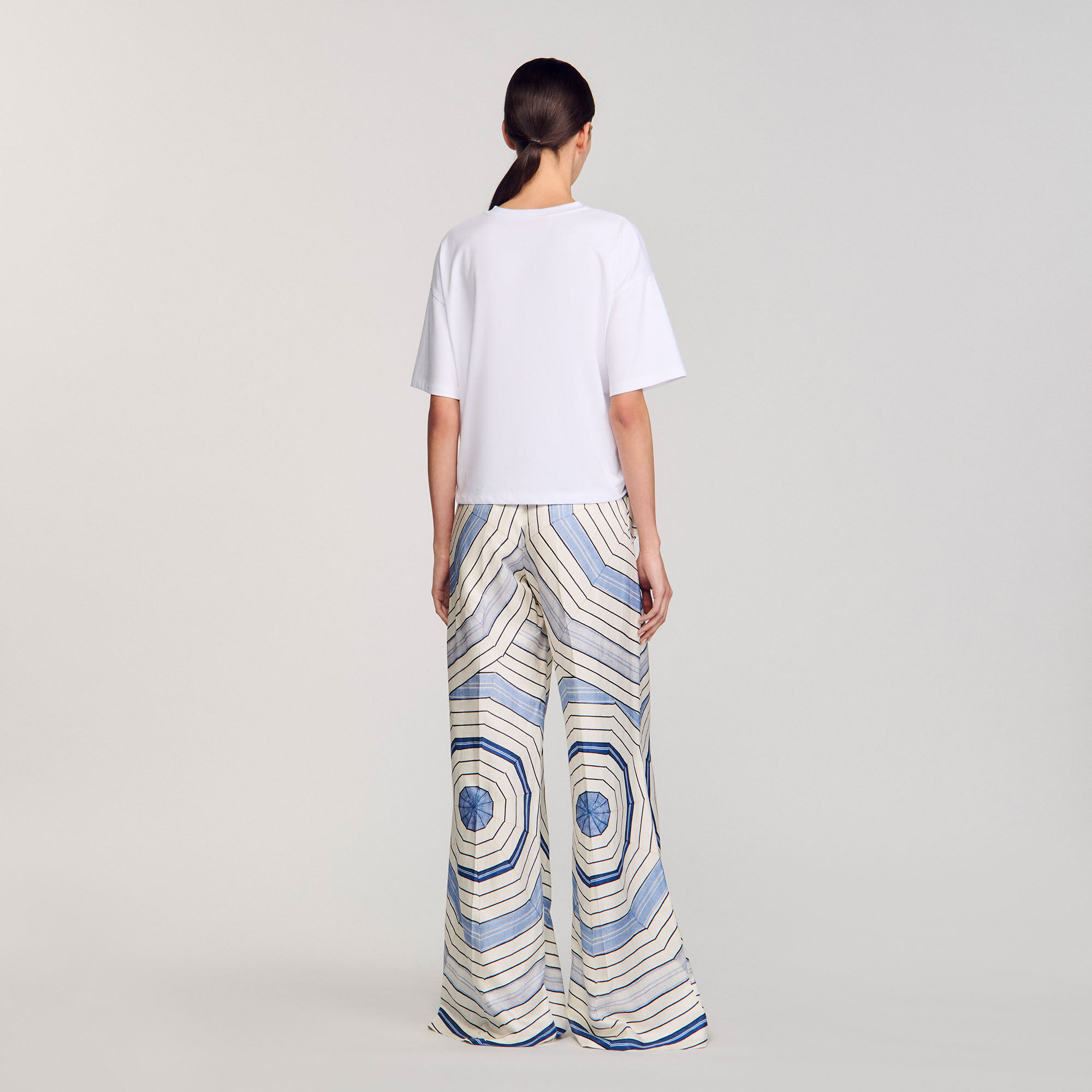 【海外限定】SandroTシャツ☆Spiral-Print Side-Tie Cotton T-Sh Spiral print T-shirt blue For Women | Sandro Paris