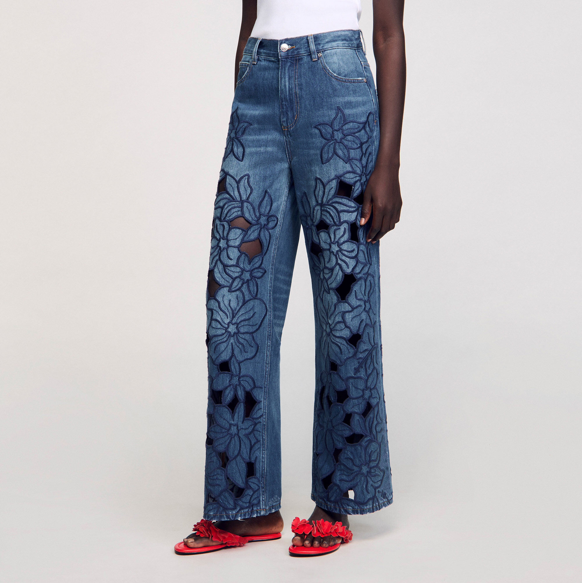 sandro レディース　パンツ Rhinestone striped trousers blue For Women | Sandro Paris