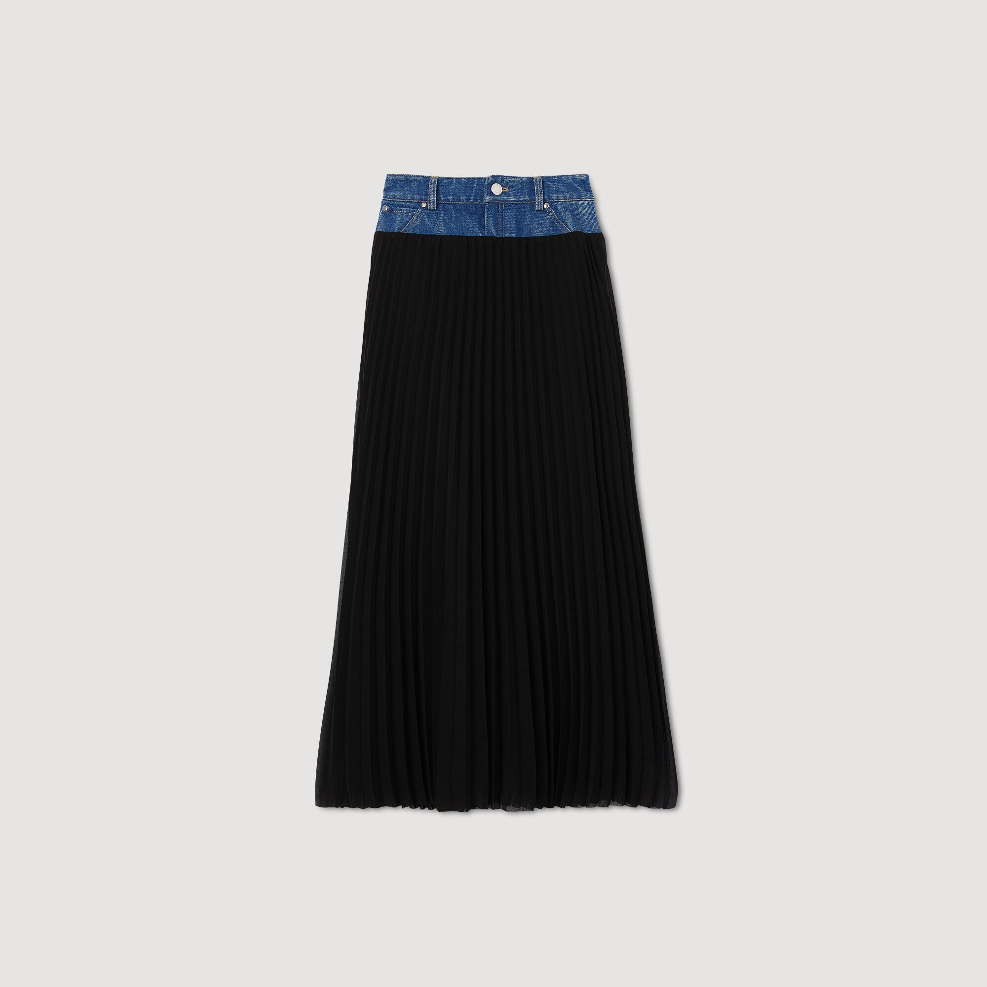 【海外限定】Sandroワンピース☆V-Neck Pleated-Skirt Woven Max Long pleated denim skirt black / gray For Women | Sandro Paris