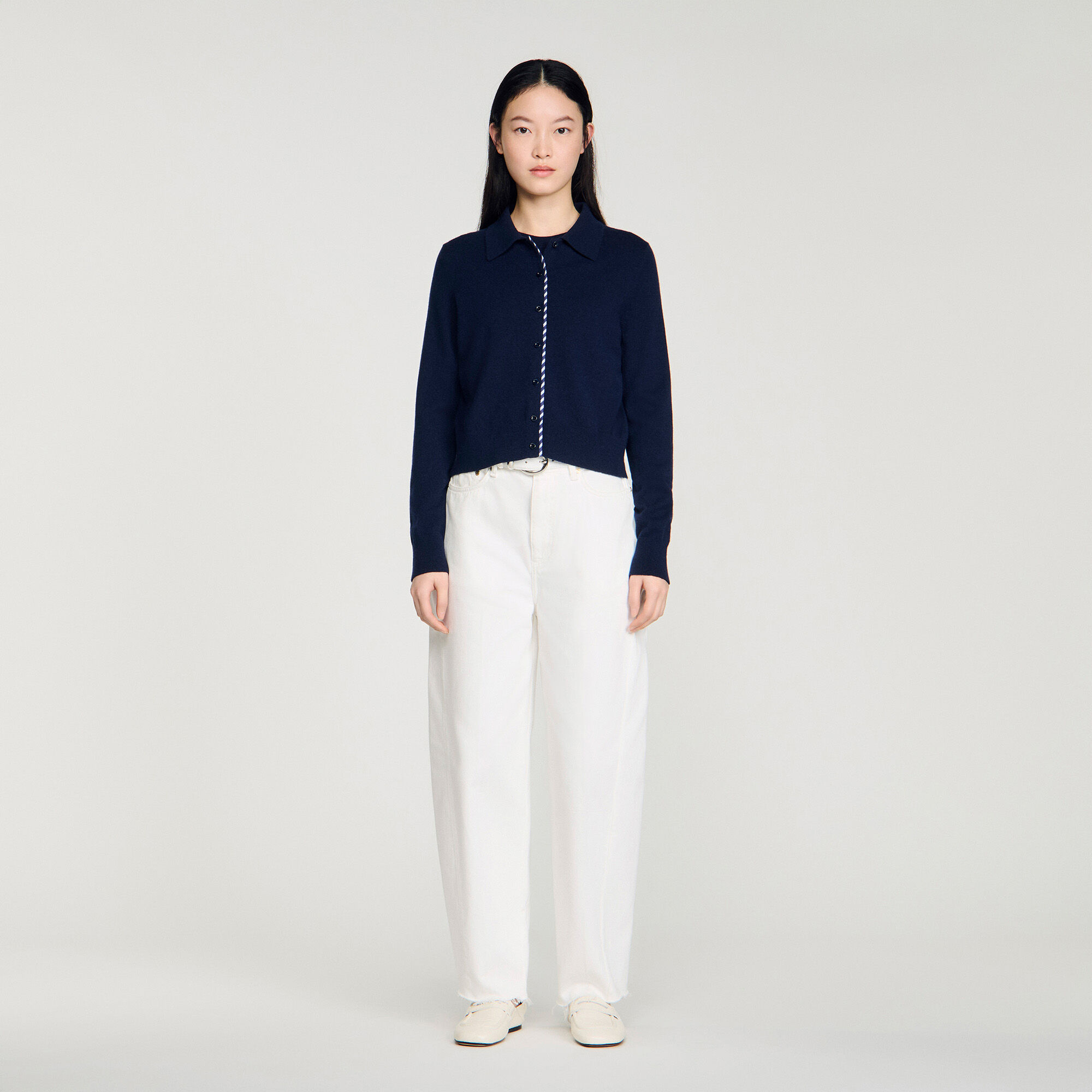 Striped wool and cashmere cardigan blue For Women | Sandro Paris