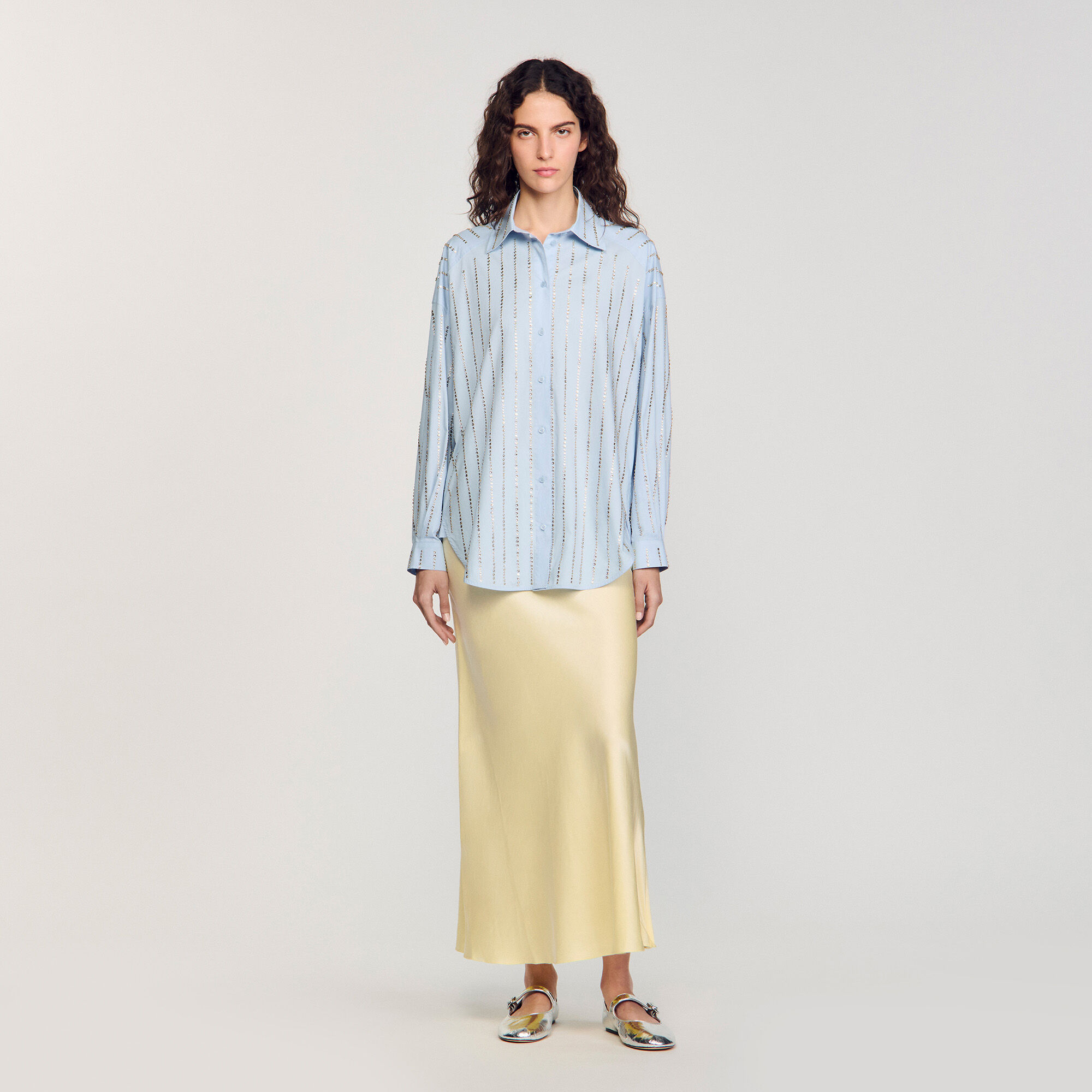 SANDRO 売れ筋商品|||サンドロ シャツ トップス レディース Shirts Azure Striped cropped shirt with rhinestone blue For Women