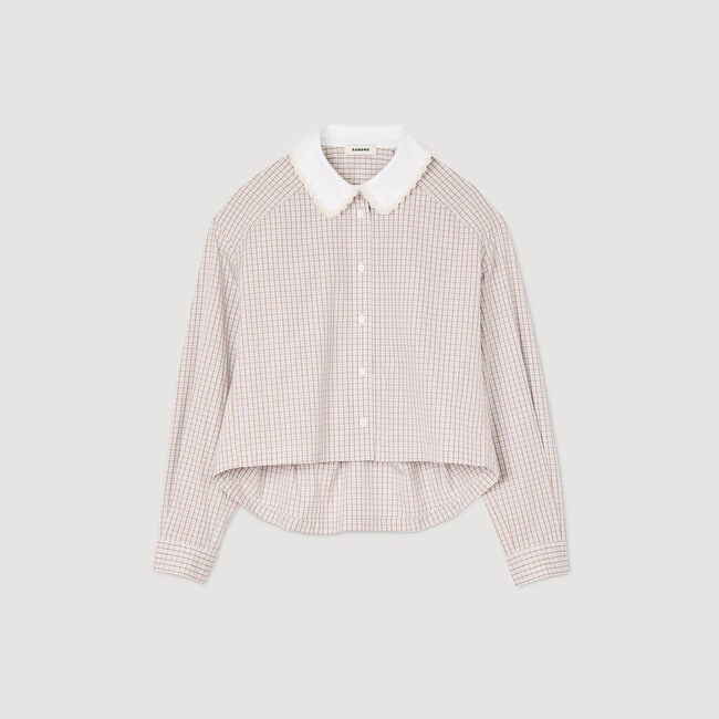 Plaid and pearl collar shirt