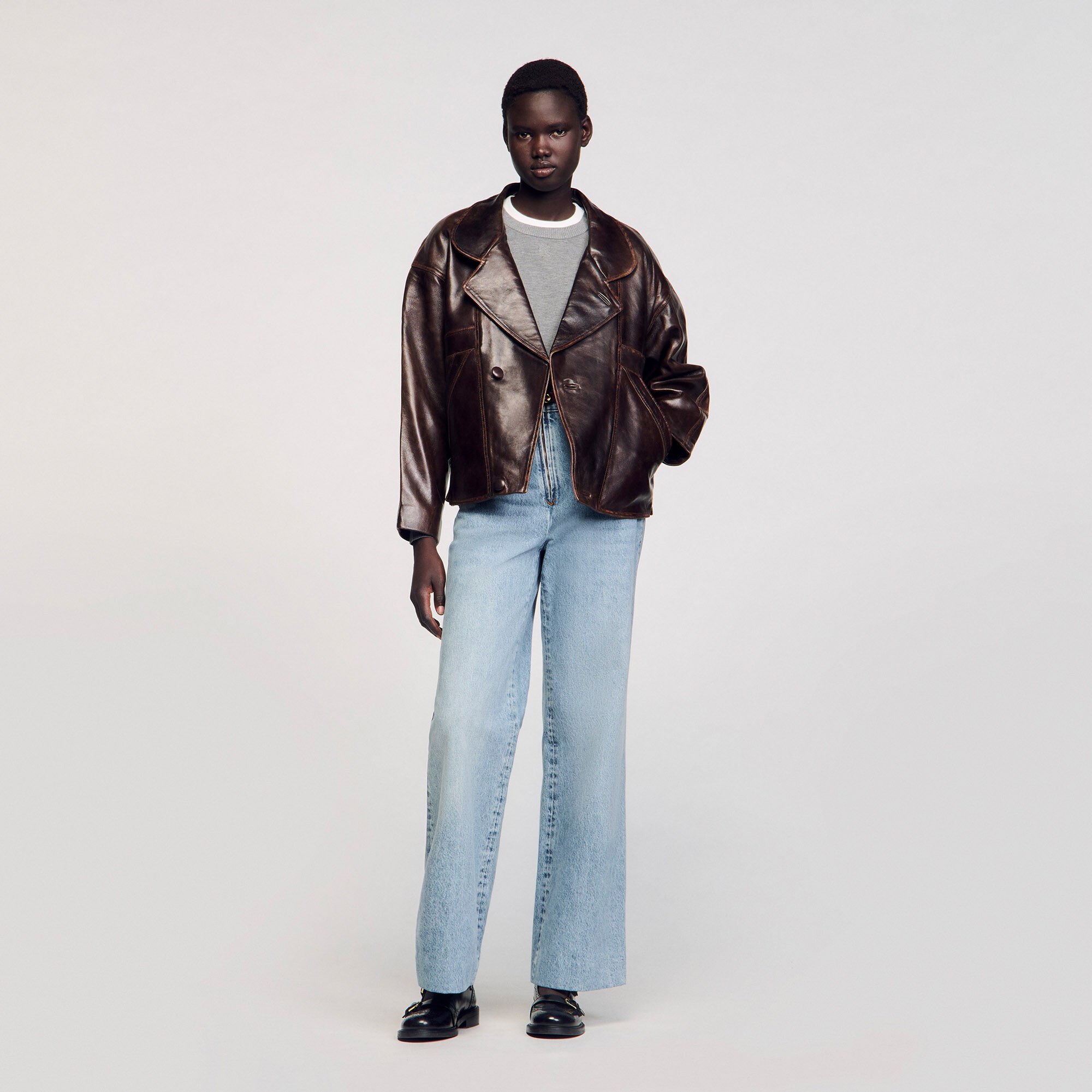 Distressed leather jacket brown For Women | Sandro Paris