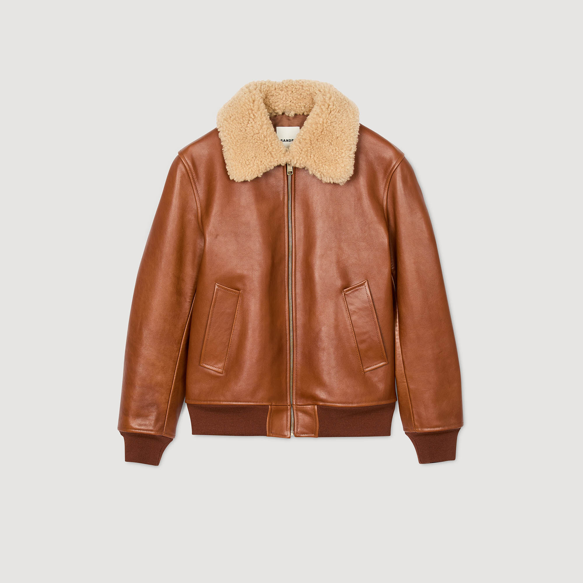 Leather jacket with shearling collar brown for Men | Sandro Paris