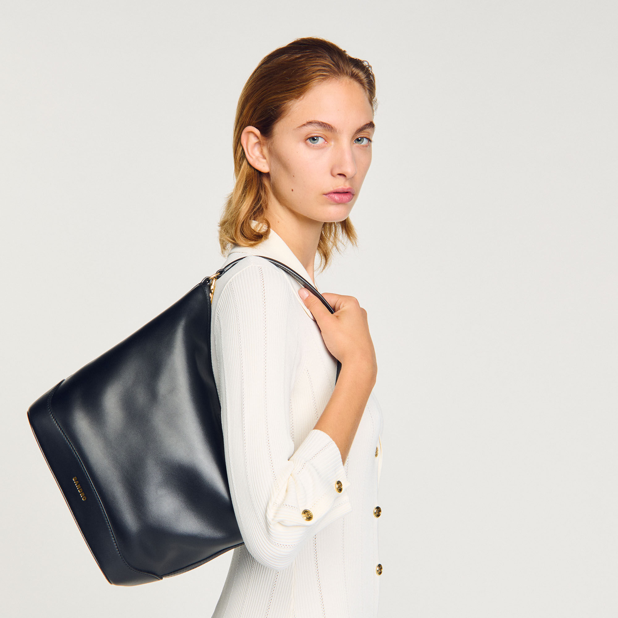＊人気＊ sandro   Tangoso レザー バケットバッグ TANGOSO leather bucket bag black / gray For Women | Sandro Paris