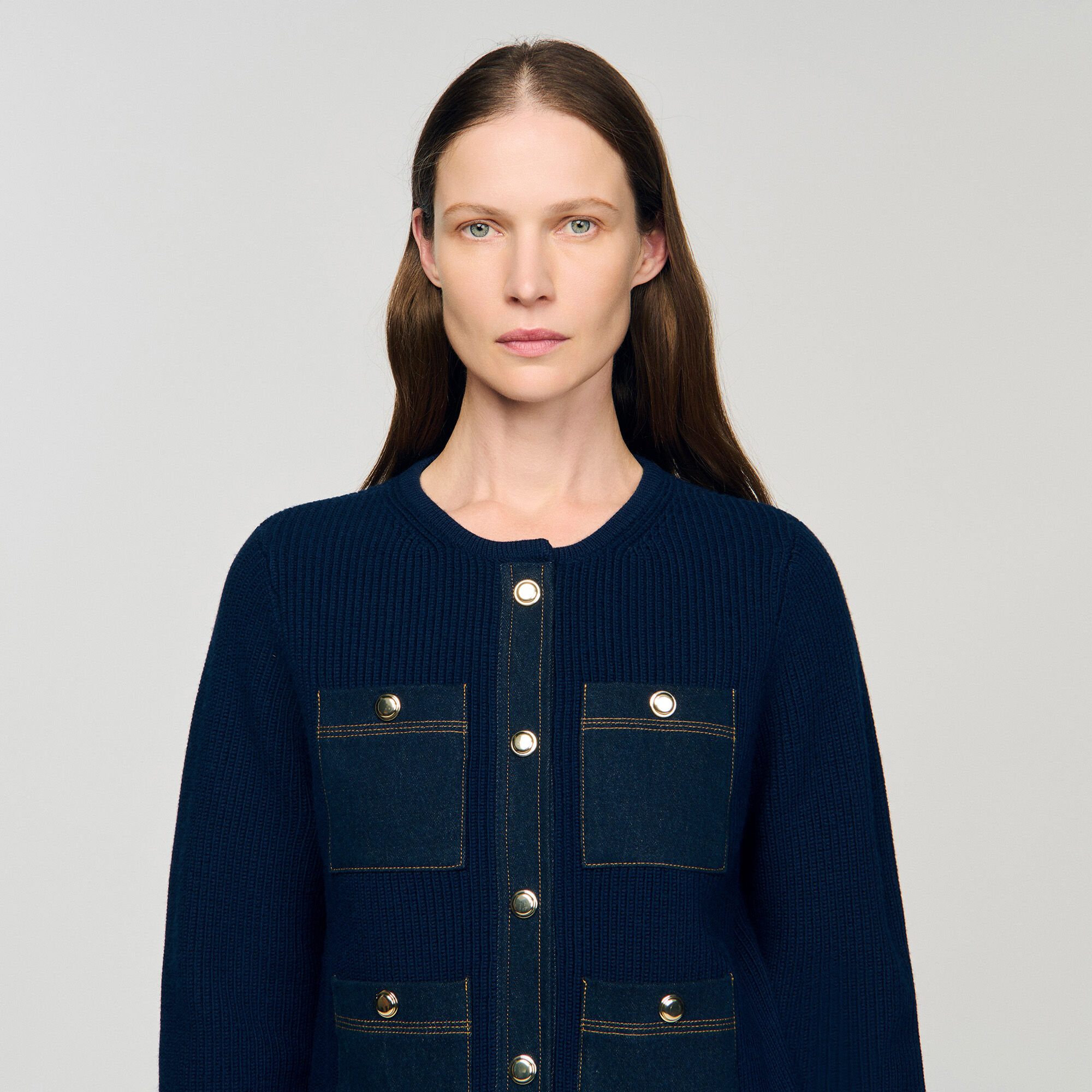 Denim detail rib knit cardigan blue For Women | Sandro Paris