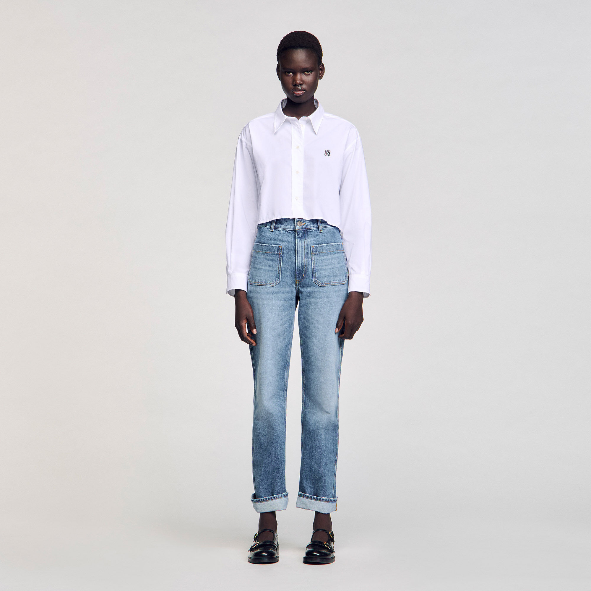 Cropped poplin shirt white / beige For Women | Sandro Paris