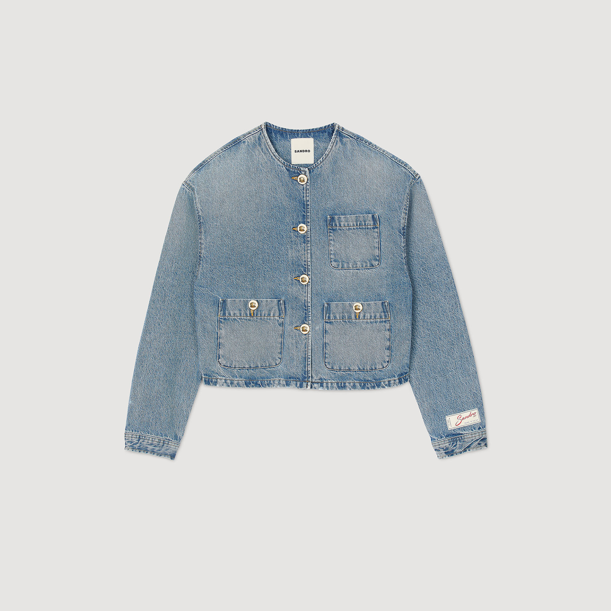【sandro】BLUE×BEIGEチェック コンビ デニム ジャケット SANDRO バイカラー デニムジャケット | ニュートラル | FARFETCH JP
