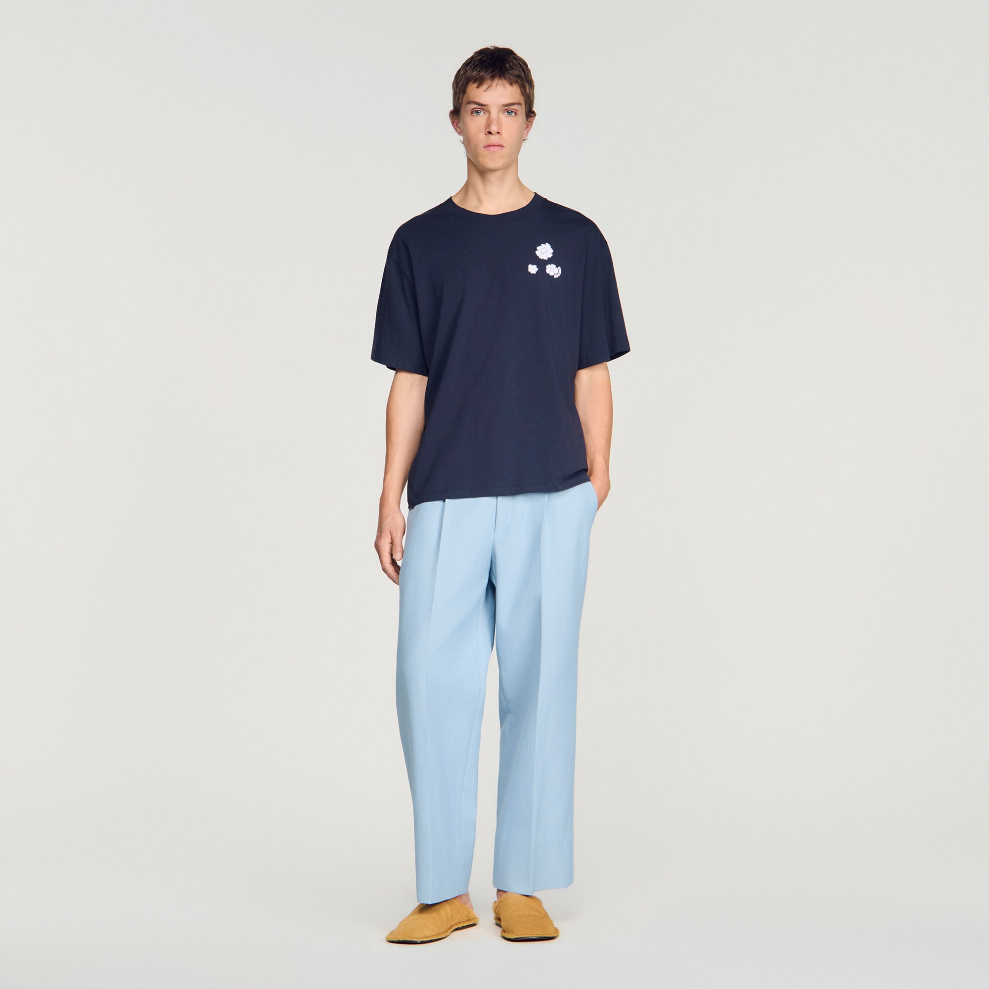Flower print cotton T-shirt in Navy Blue for Men | Sandro Paris