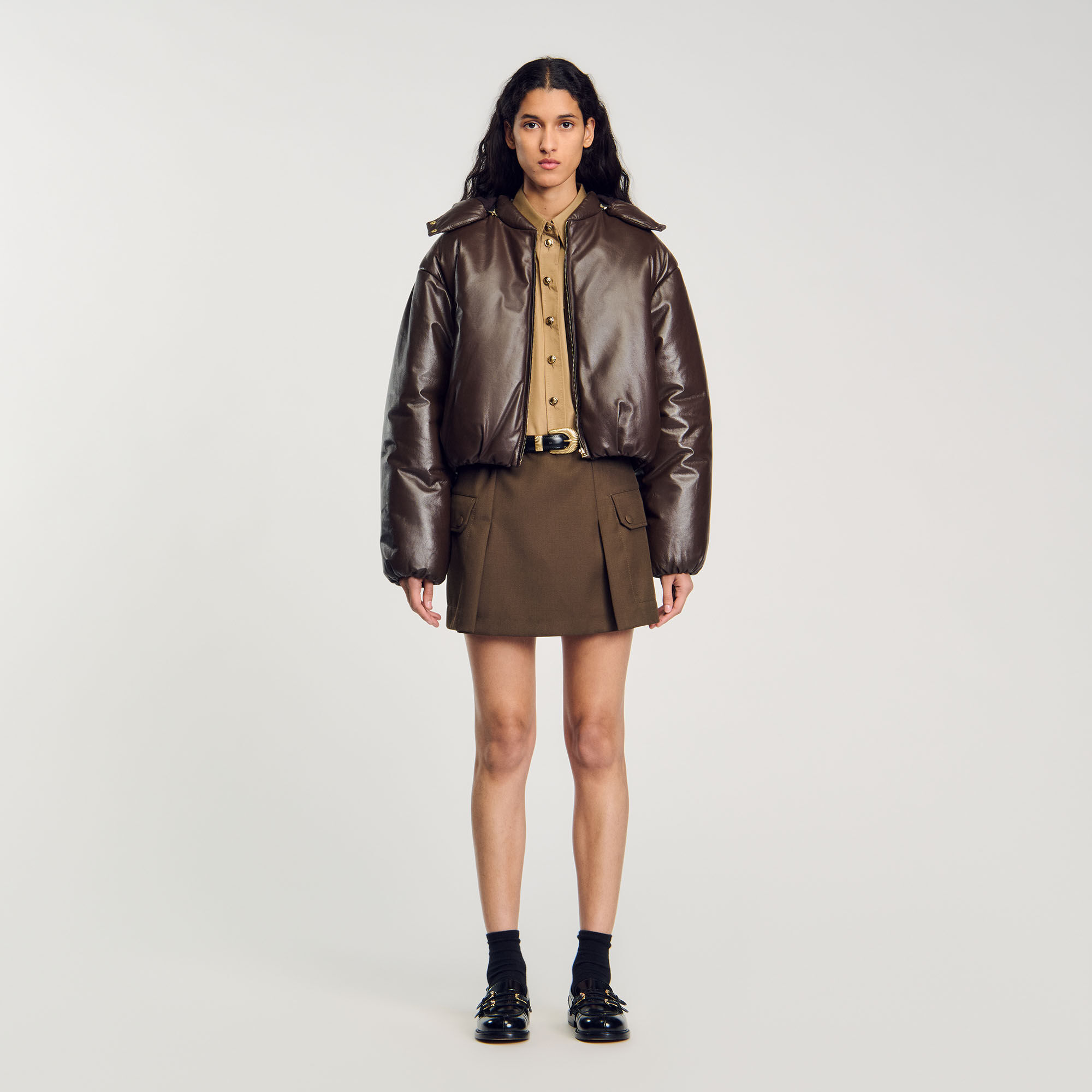 Glazed leather jacket brown For Women | Sandro Paris