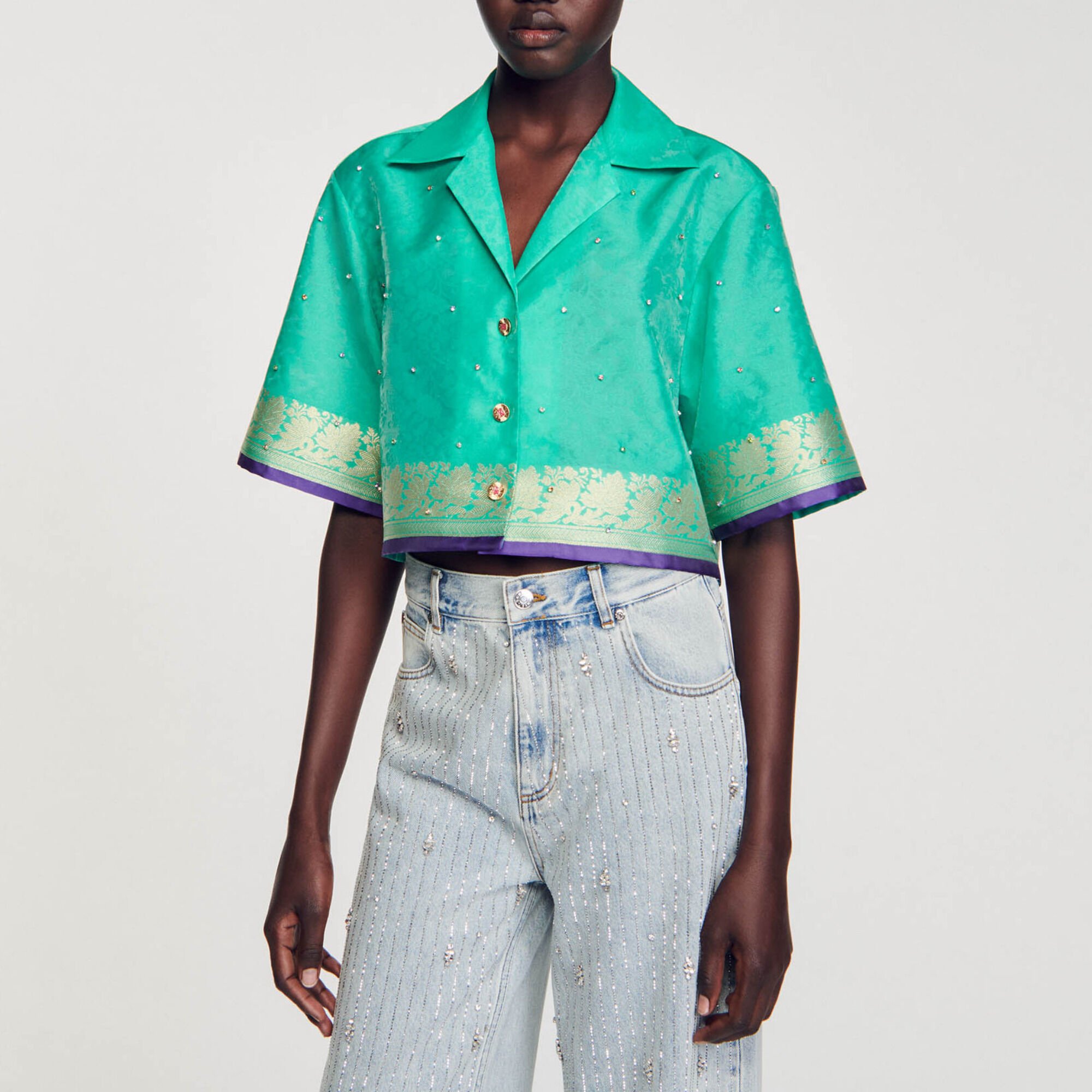 Rhinestone jacquard cropped shirt