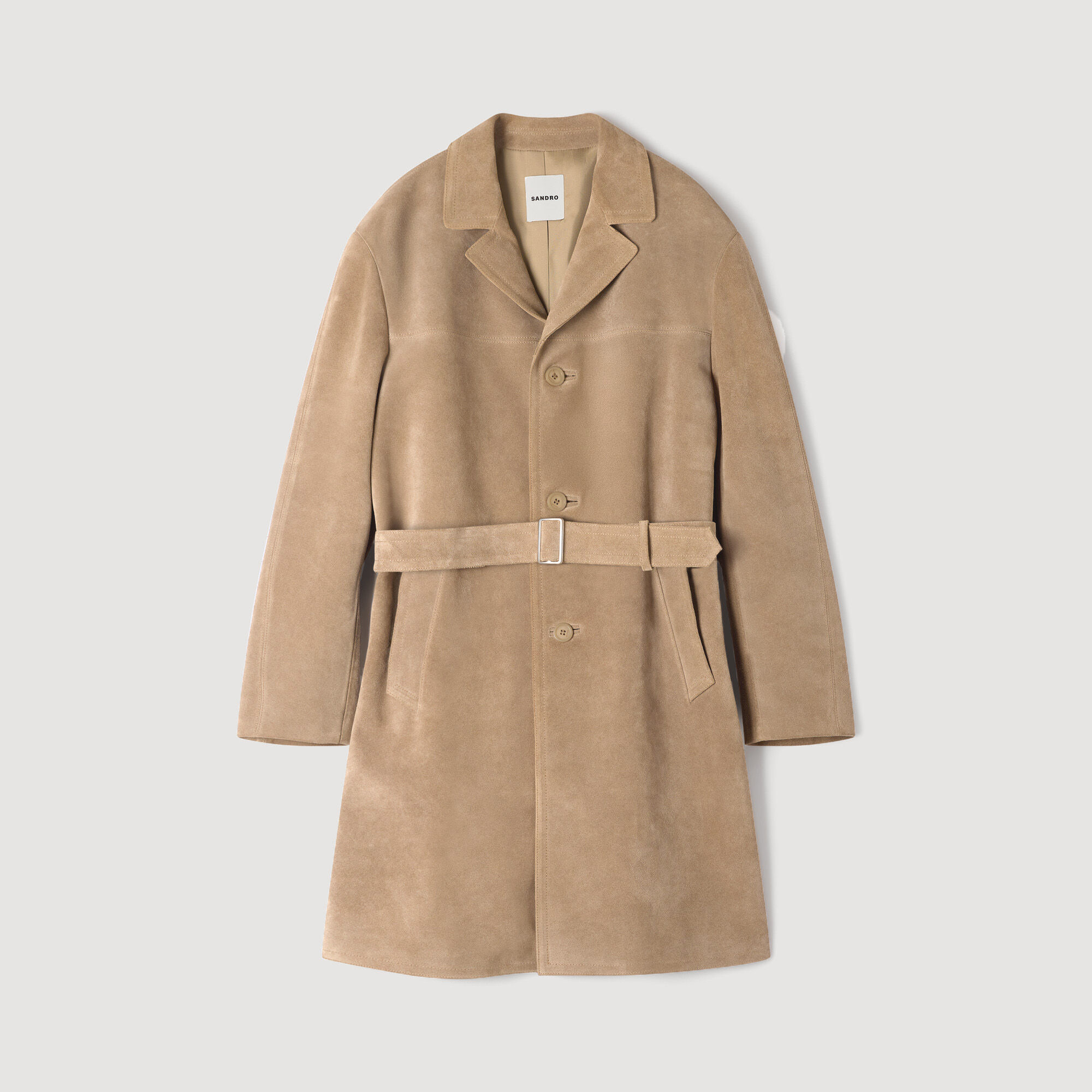 Tailored belted leather coat in Cappucino for Men | Sandro Paris