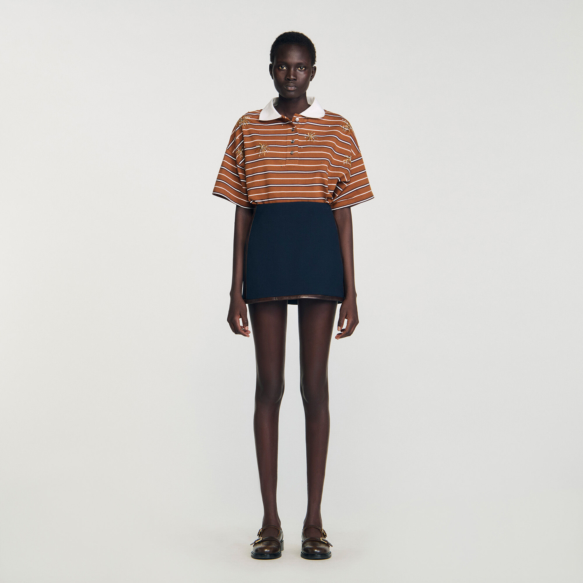 Mini skirt with leather bands blue For Women | Sandro Paris