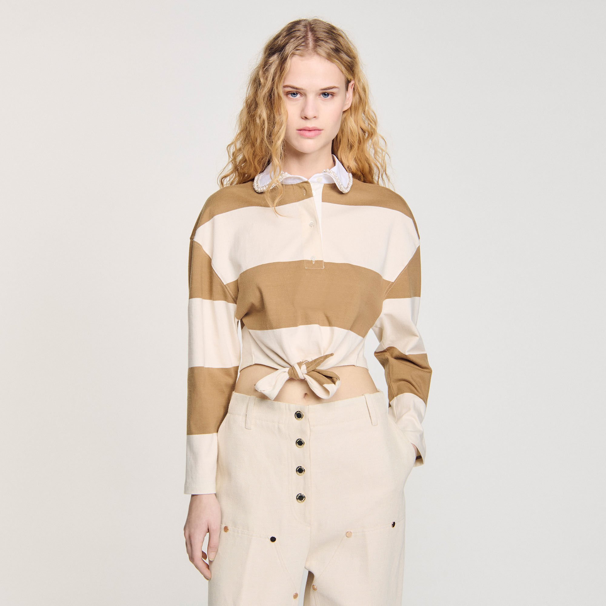 Striped polo-neck T-shirt