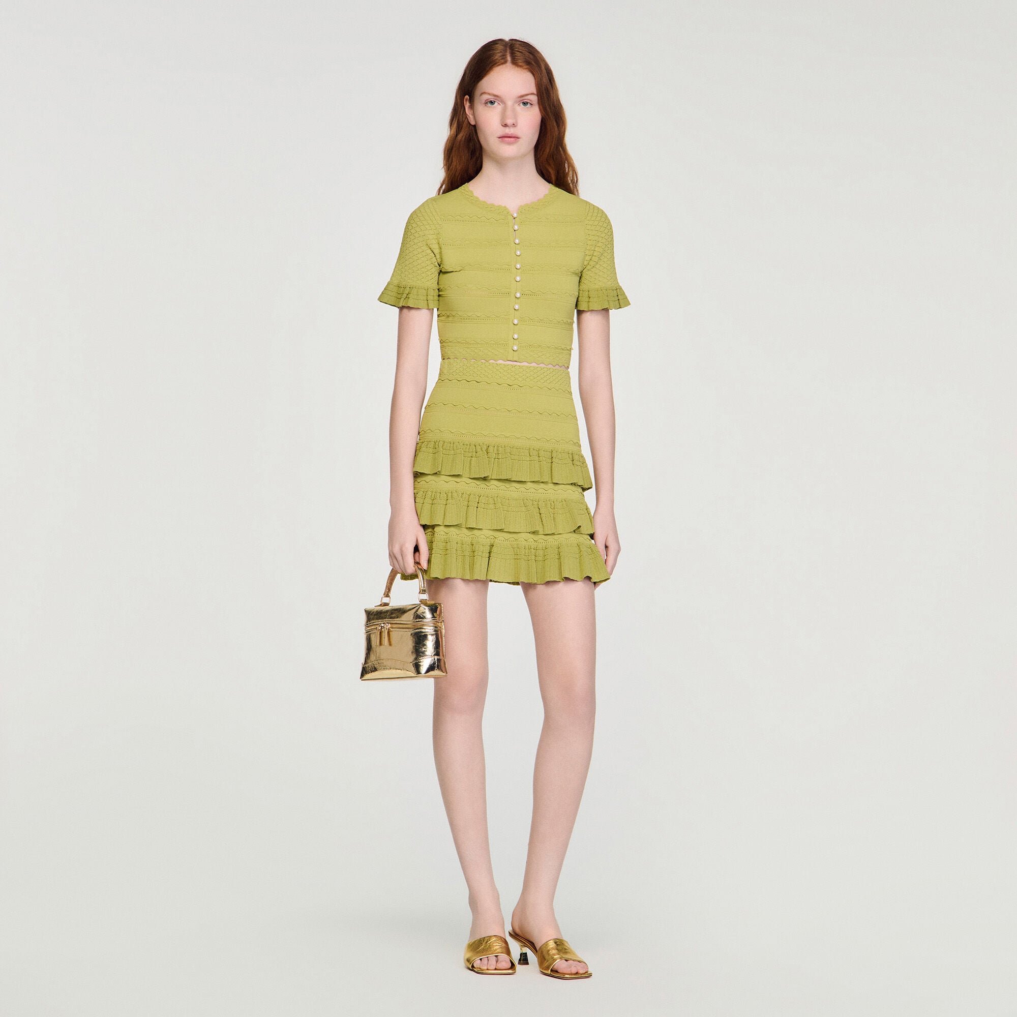Cropped ruffled-sleeve top in Green for Women | Sandro Paris