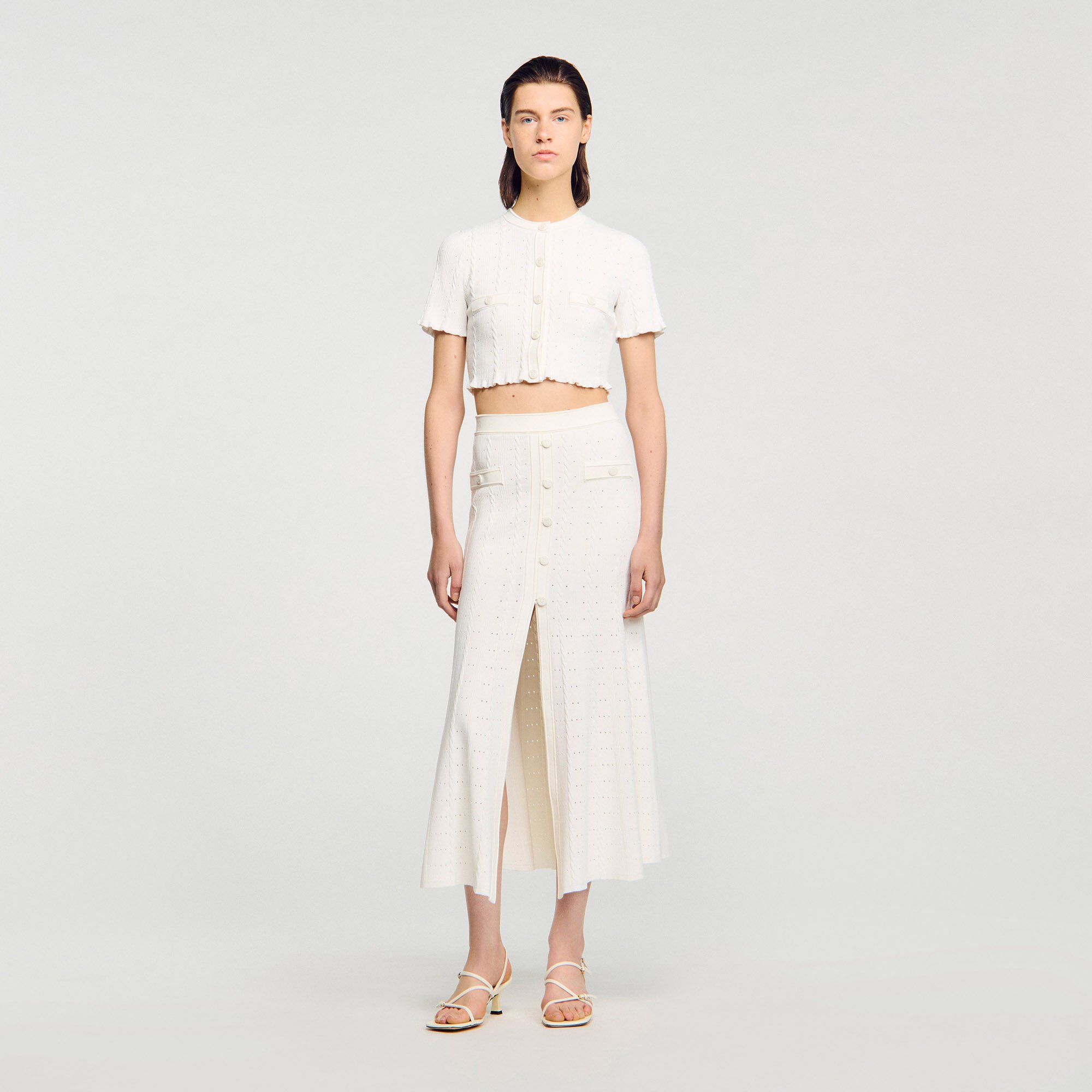 Cropped pointelle knit cardigan