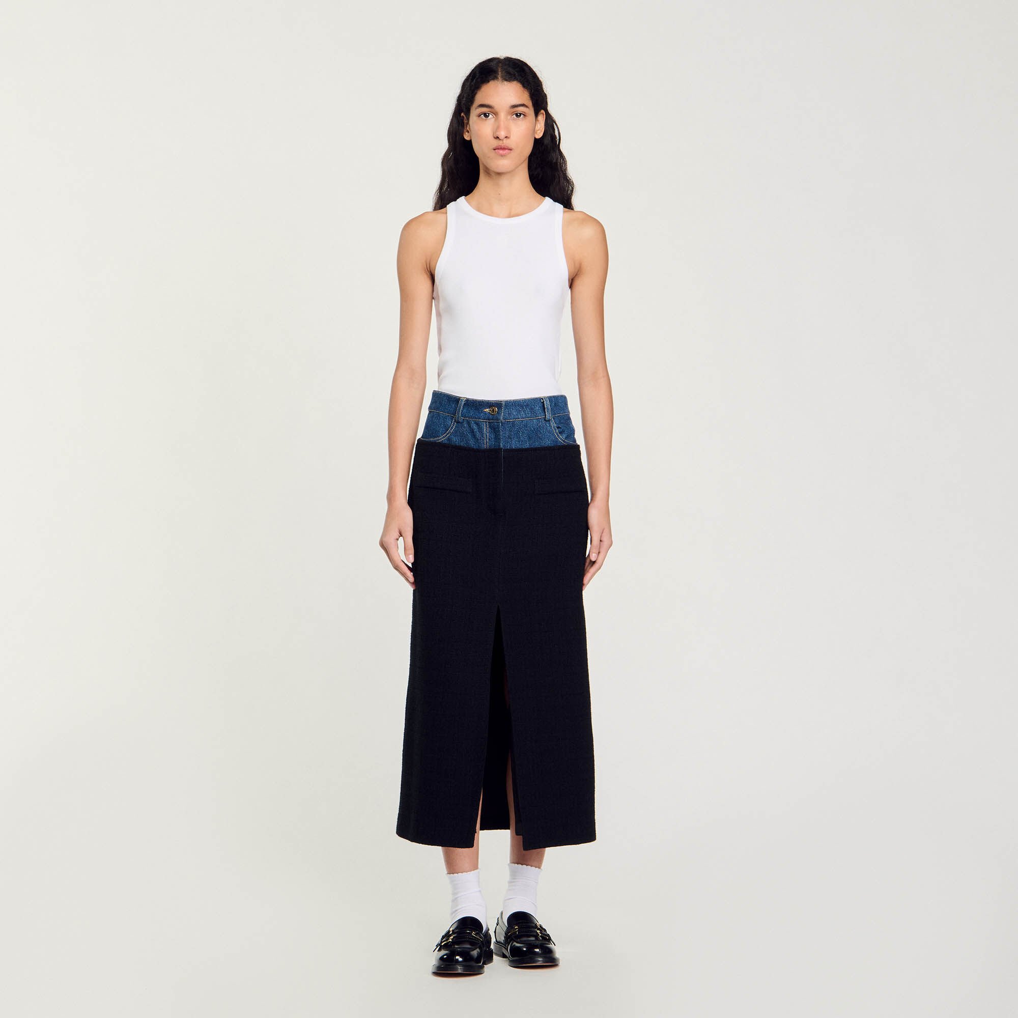 Dual-material denim and tweed skirt