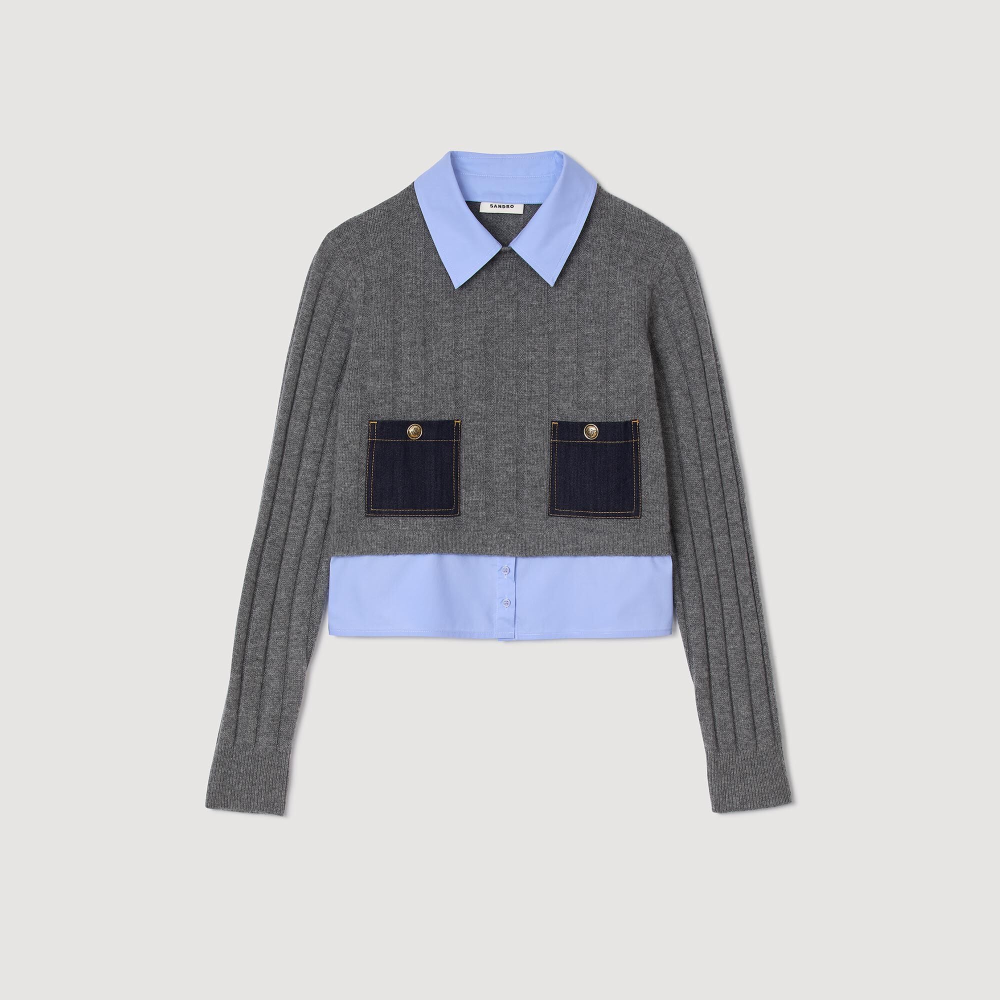 【定価51000円★sandro paris】HAPPENING SWEATER Sweater with denim details in Navy Blue for Women | Sandro Paris