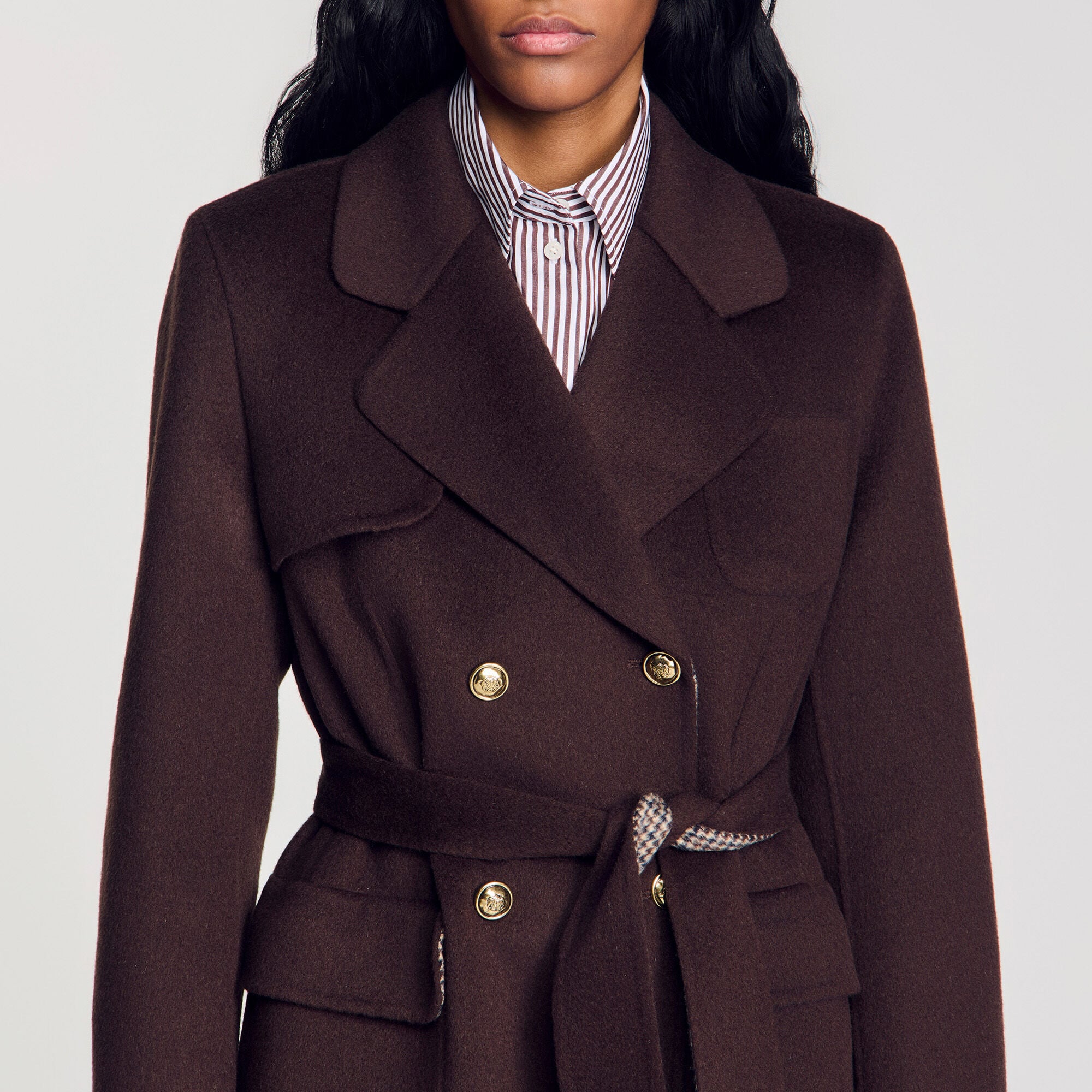 Double-faced check coat in Brown for Women | Sandro Paris