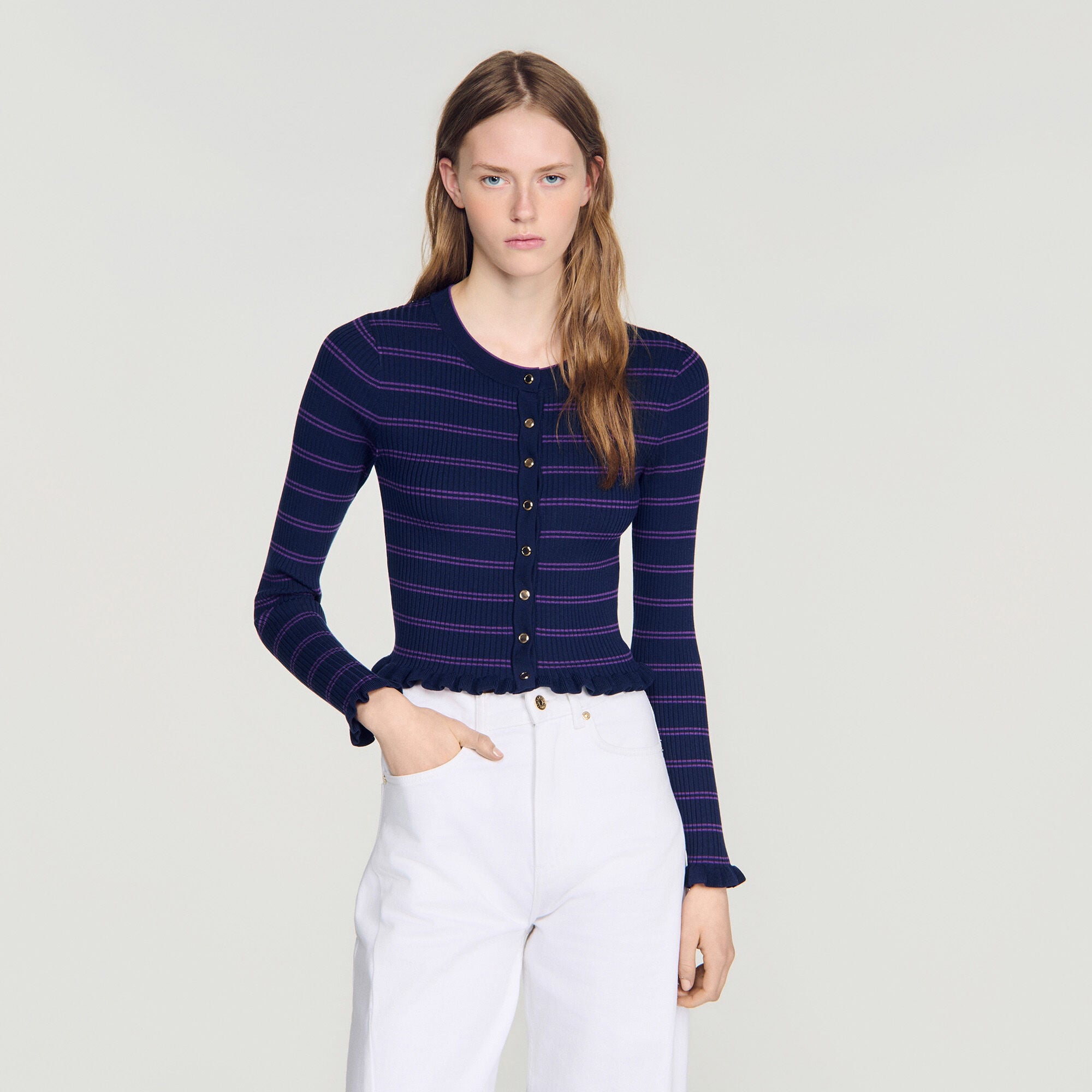 Striped knit cardigan in Navy / Purple for Women | Sandro Paris
