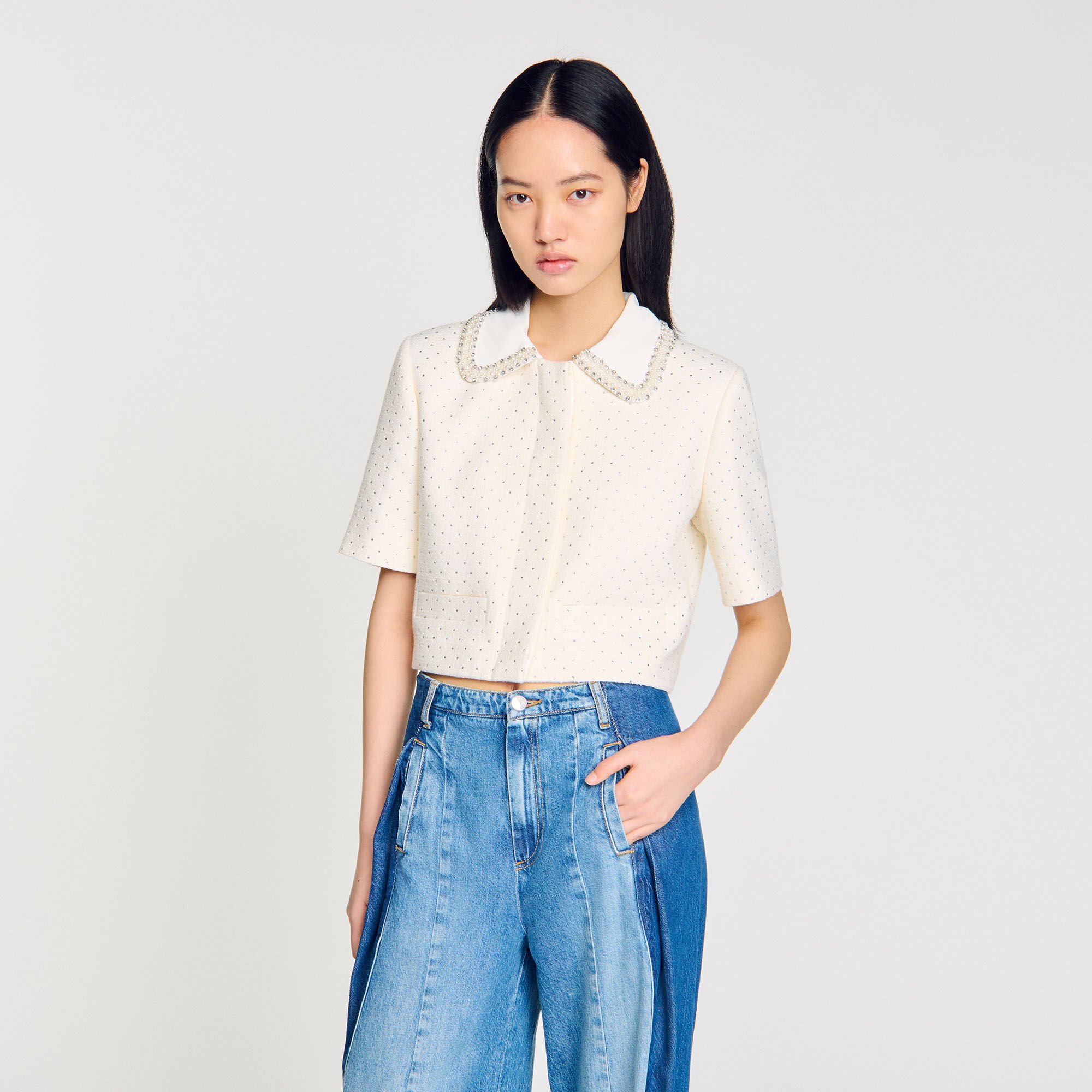 Short-sleeved rhinestone jacket