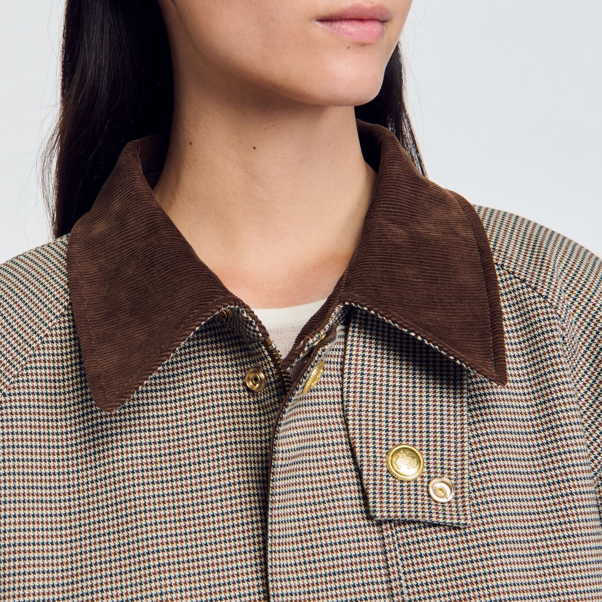 Check coat with velvet collar