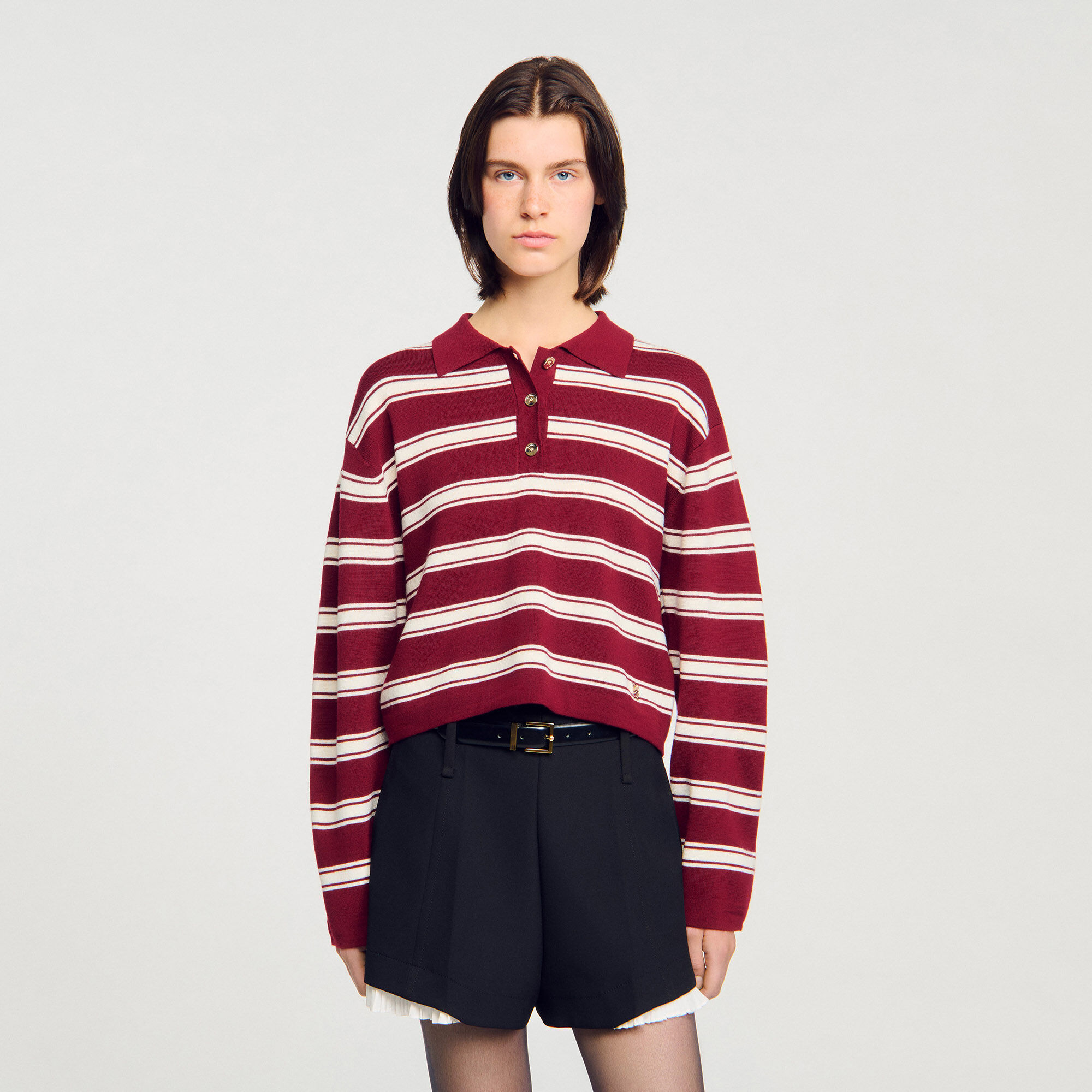 Wool Striped Polo Sweater red For Women | Sandro Paris