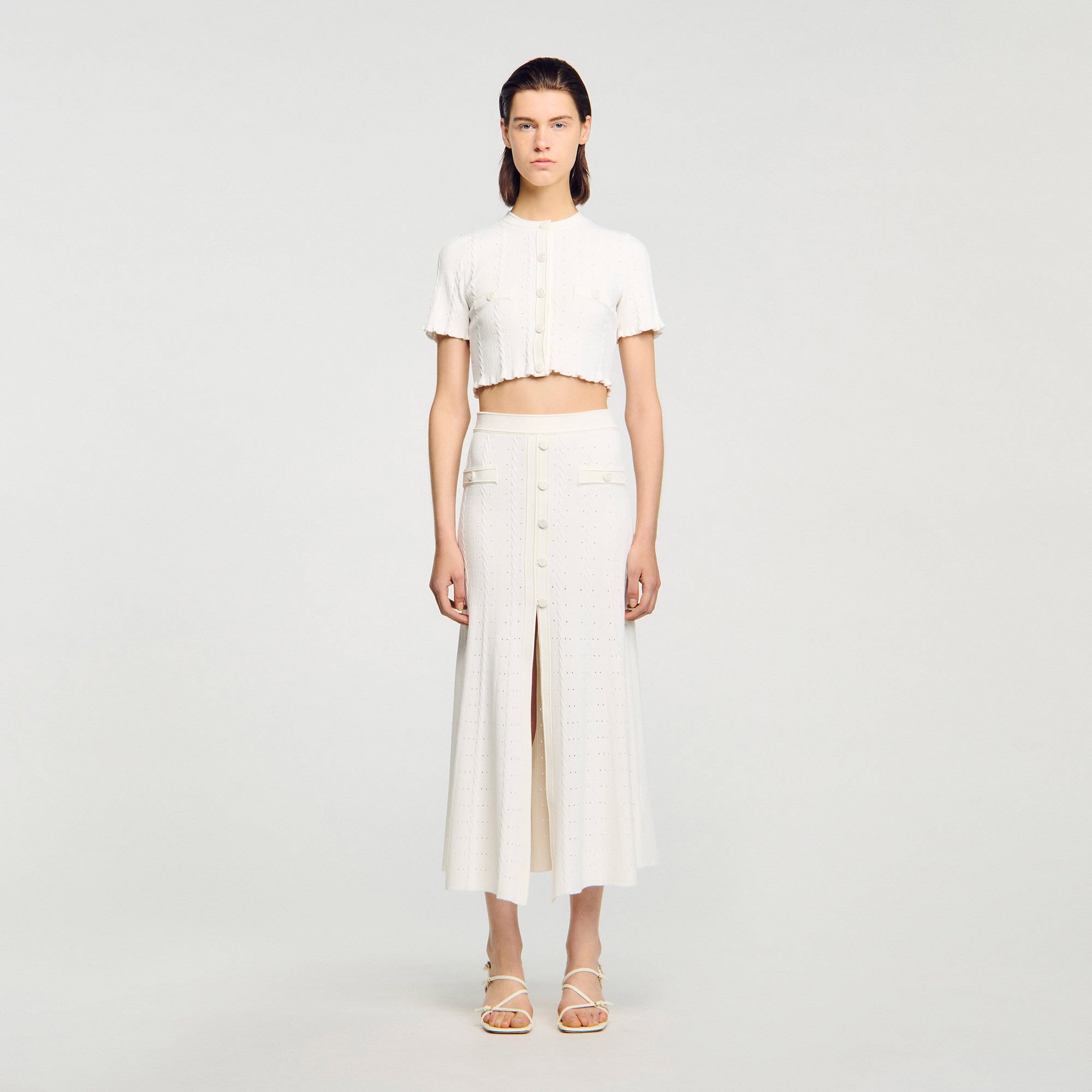 Pointelle knit midi skirt white / beige For Women | Sandro Paris