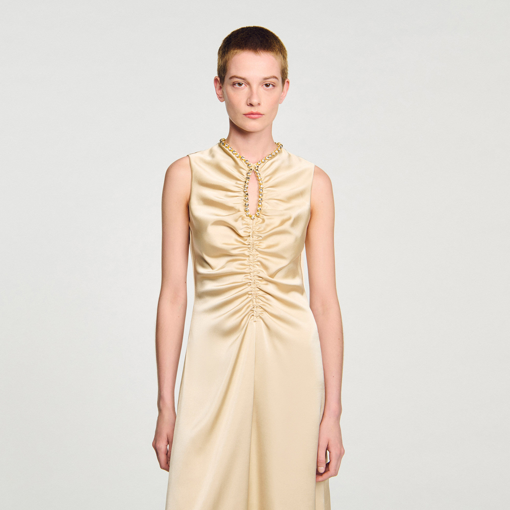 【海外限定】Sandroワンピース☆Rhinestone-embellishment cotto Rhinestone midi dress white / beige For Women | Sandro Paris