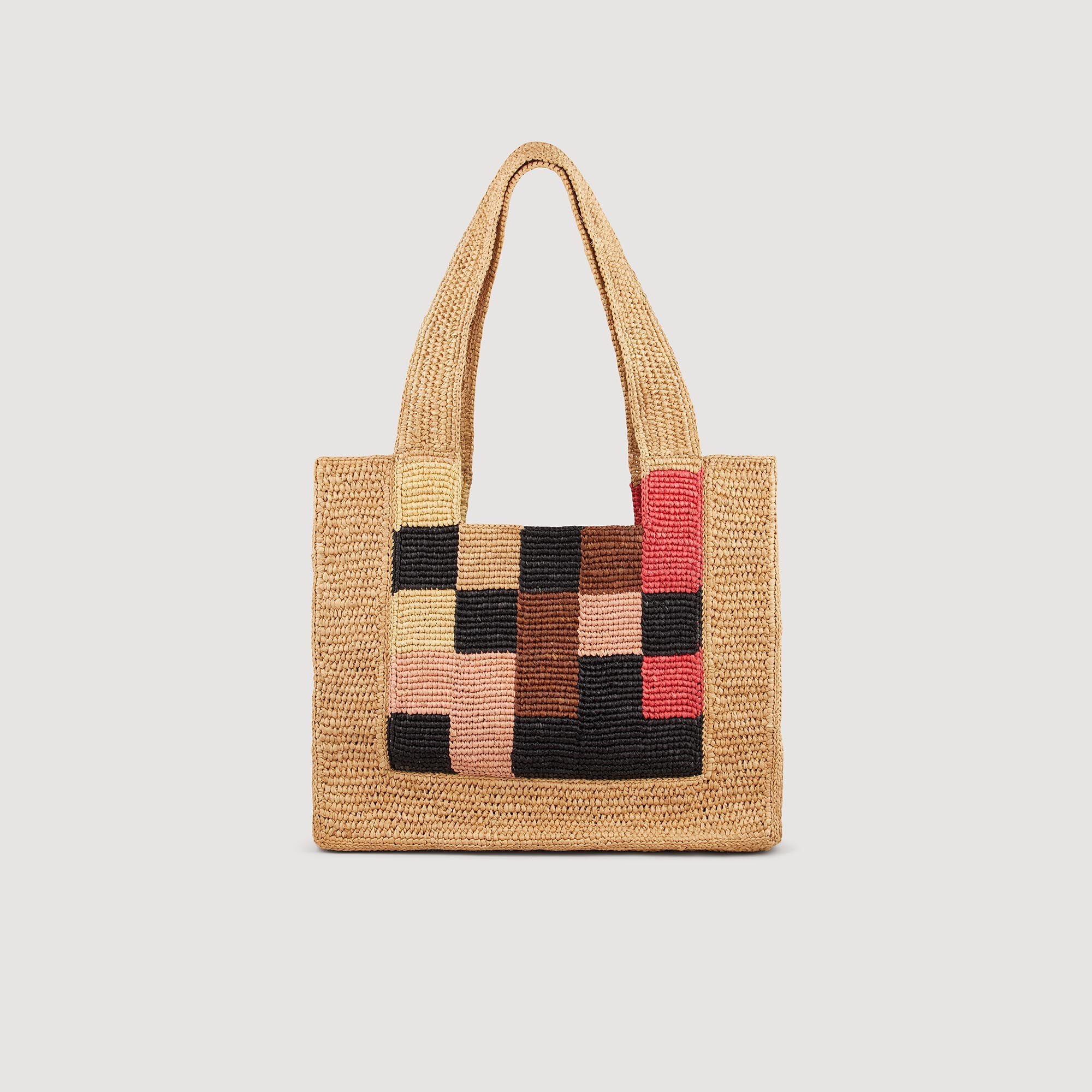 Small checkerboard raffia tote bag