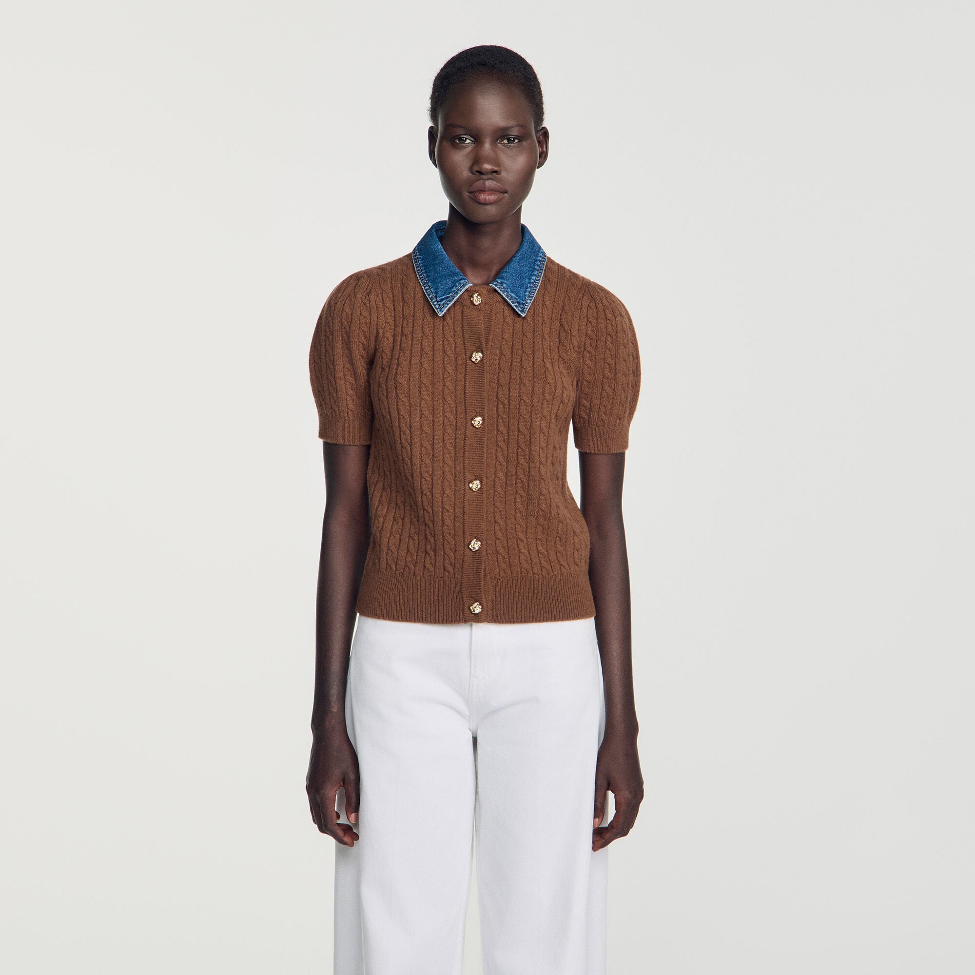 Cardigan with detachable denim collar