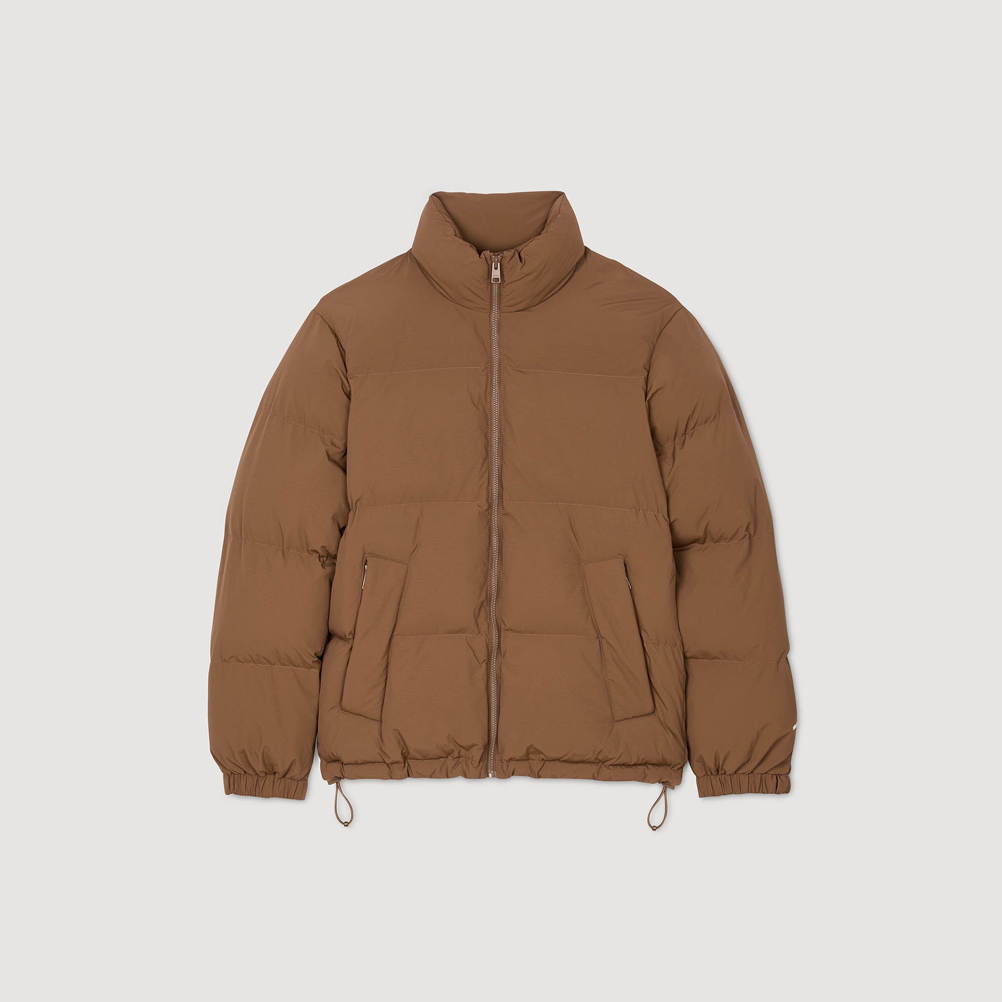 Hooded puffer with high collar
