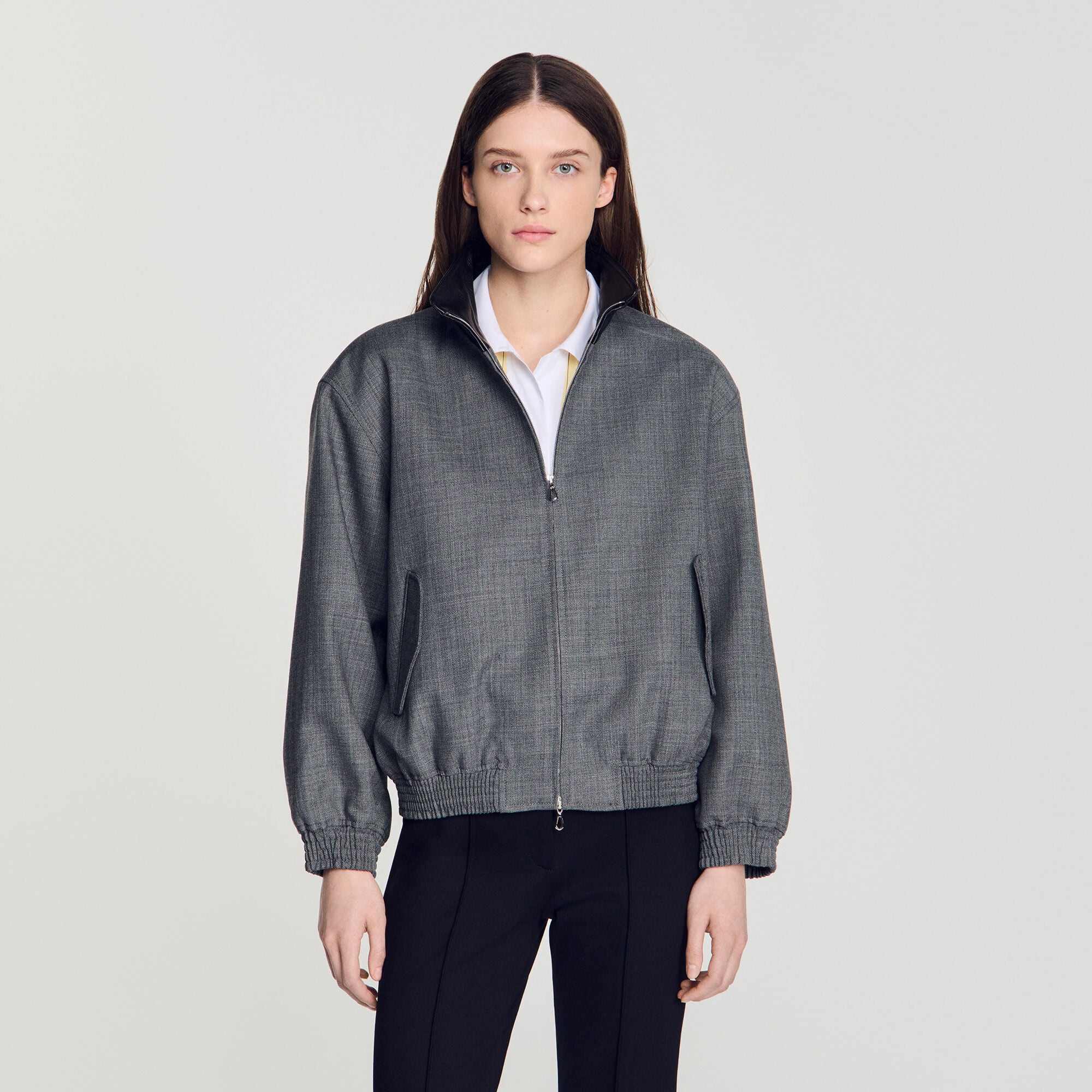 Oversized leather-collar jacket in Grey for Women | Sandro Paris