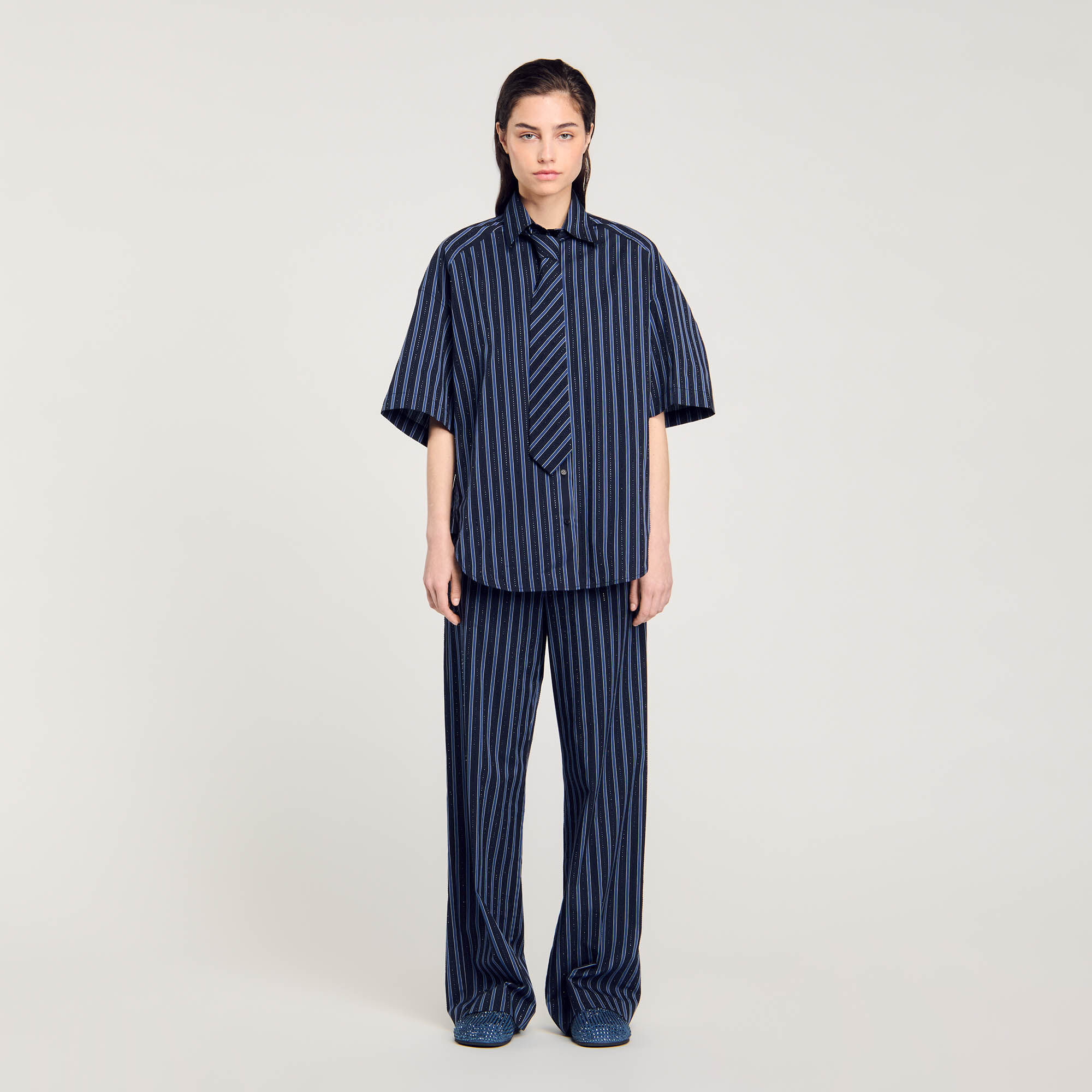 Rhinestone tie shirt blue For Women | Sandro Paris