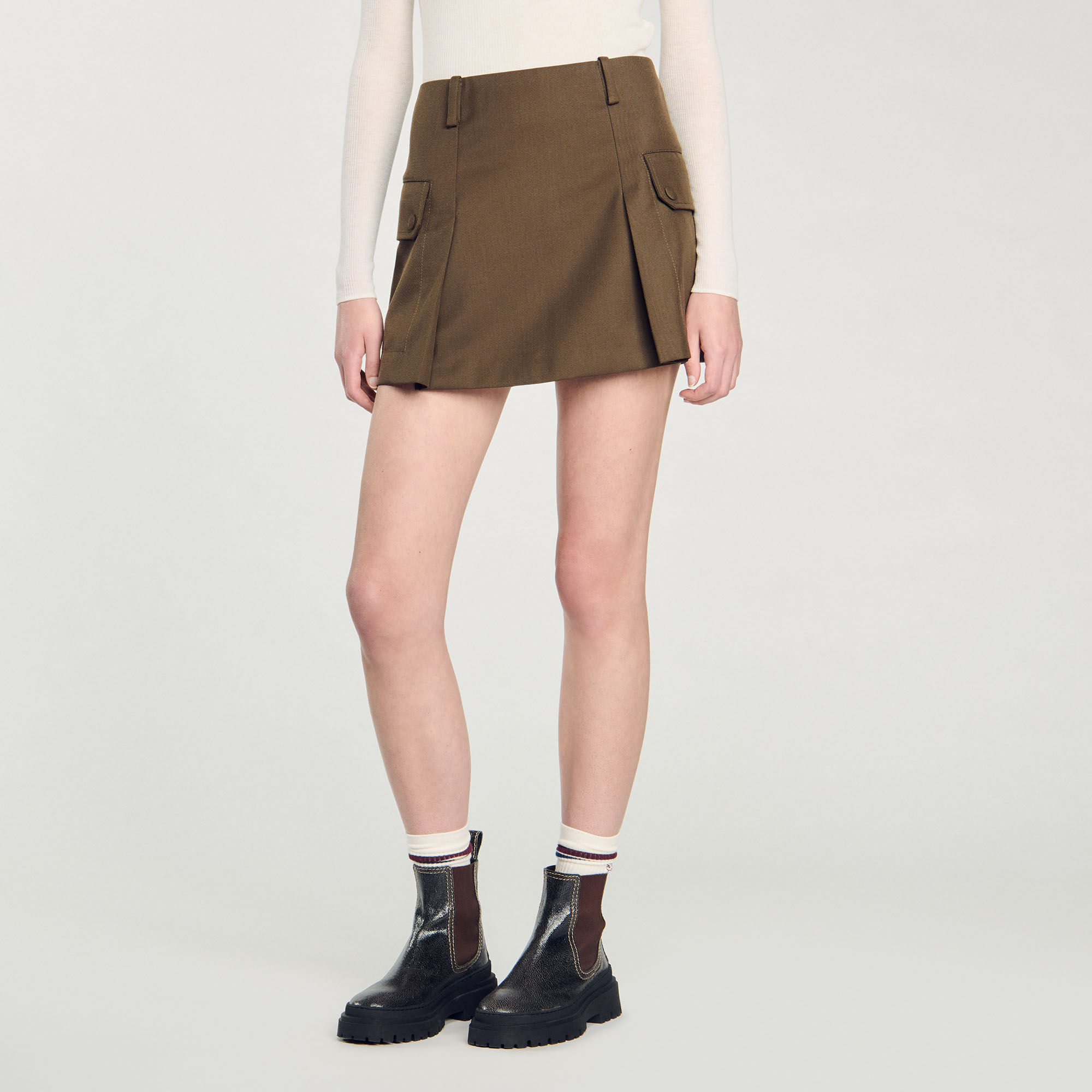 【海外限定】Sandroスカート☆Button-up side-pocket stretch-wo Skort with decorative belt loops blue For Women | Sandro Paris
