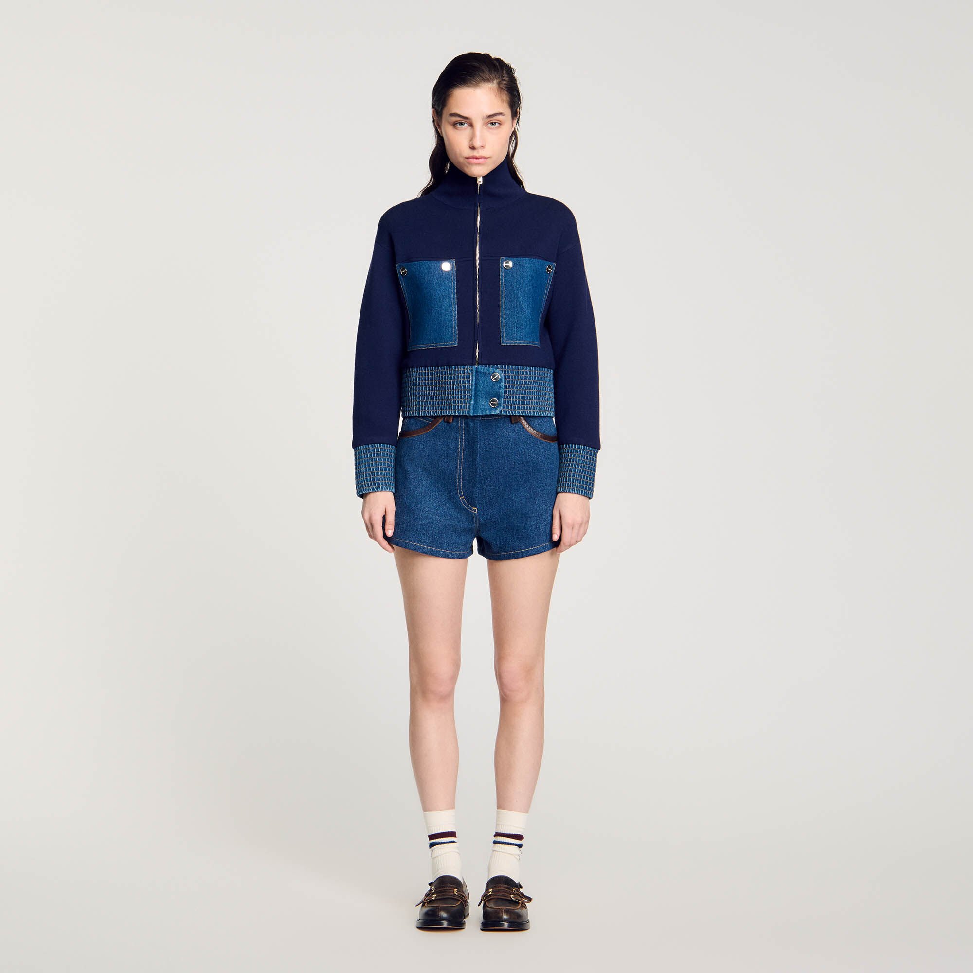 Knit and denim coatigan