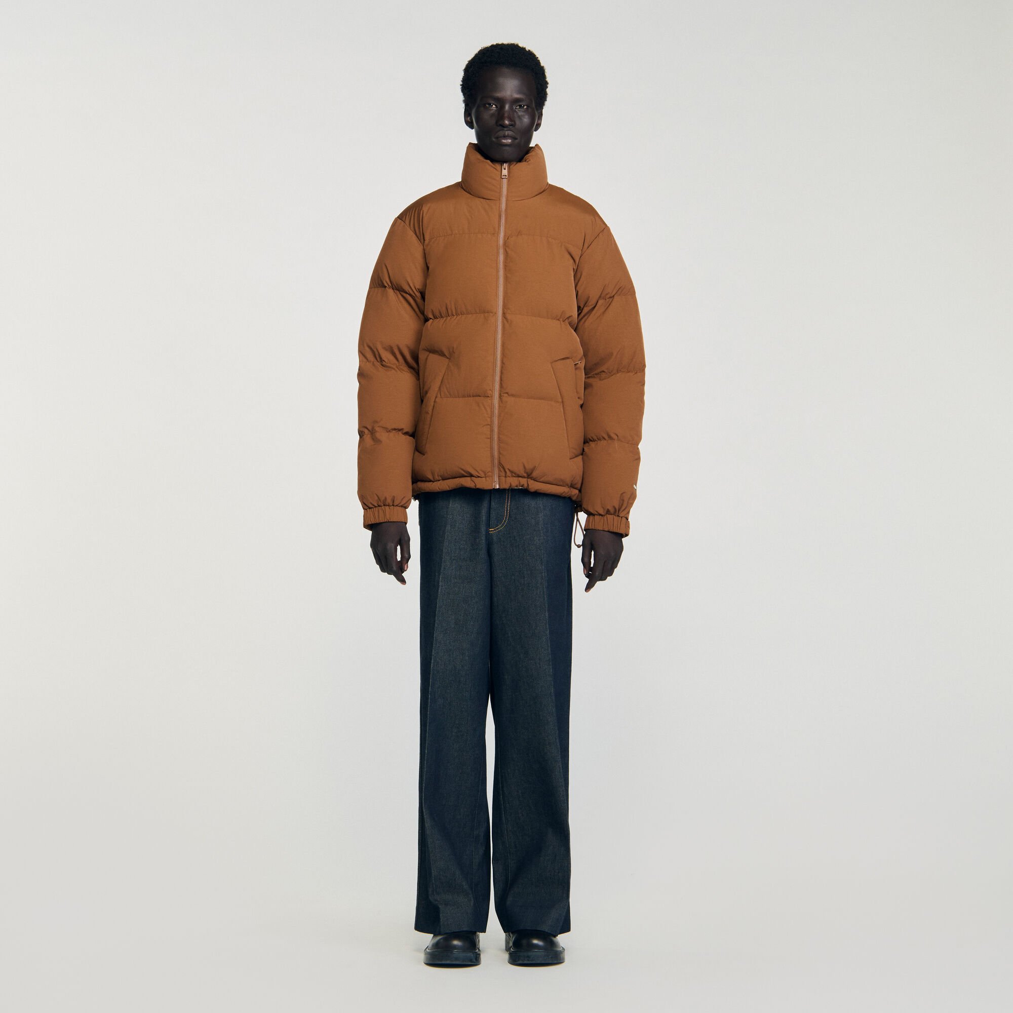 Hooded puffer with high collar