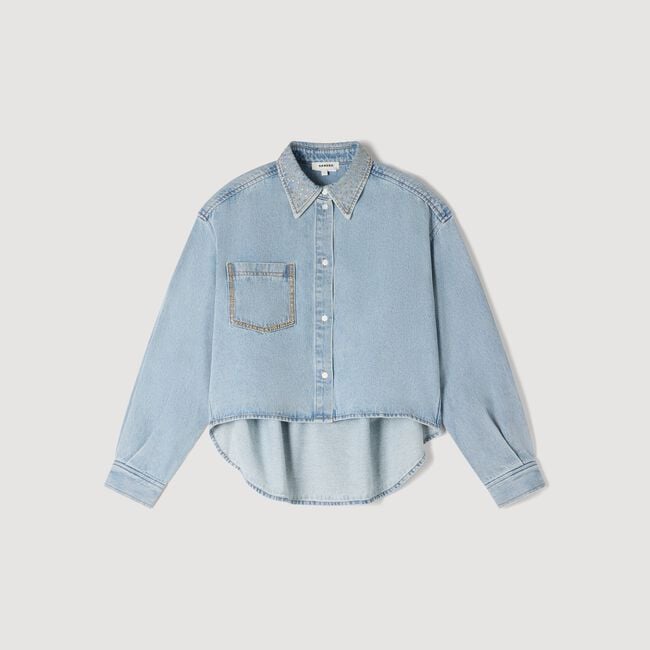 Rhinestone cropped denim shirt