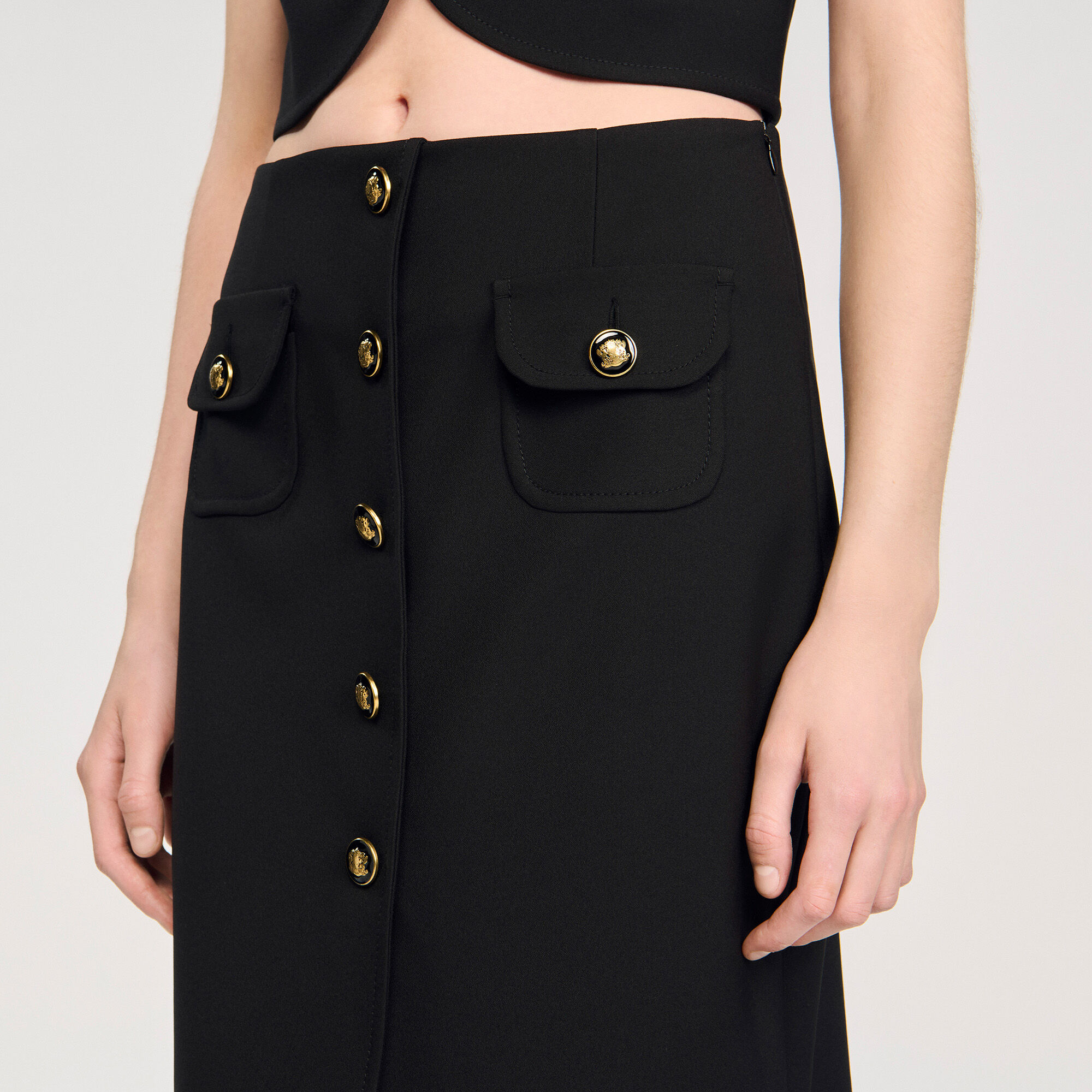 【海外限定】Sandroスカート☆Button-up side-pocket stretch-wo Skort with decorative belt loops blue For Women | Sandro Paris