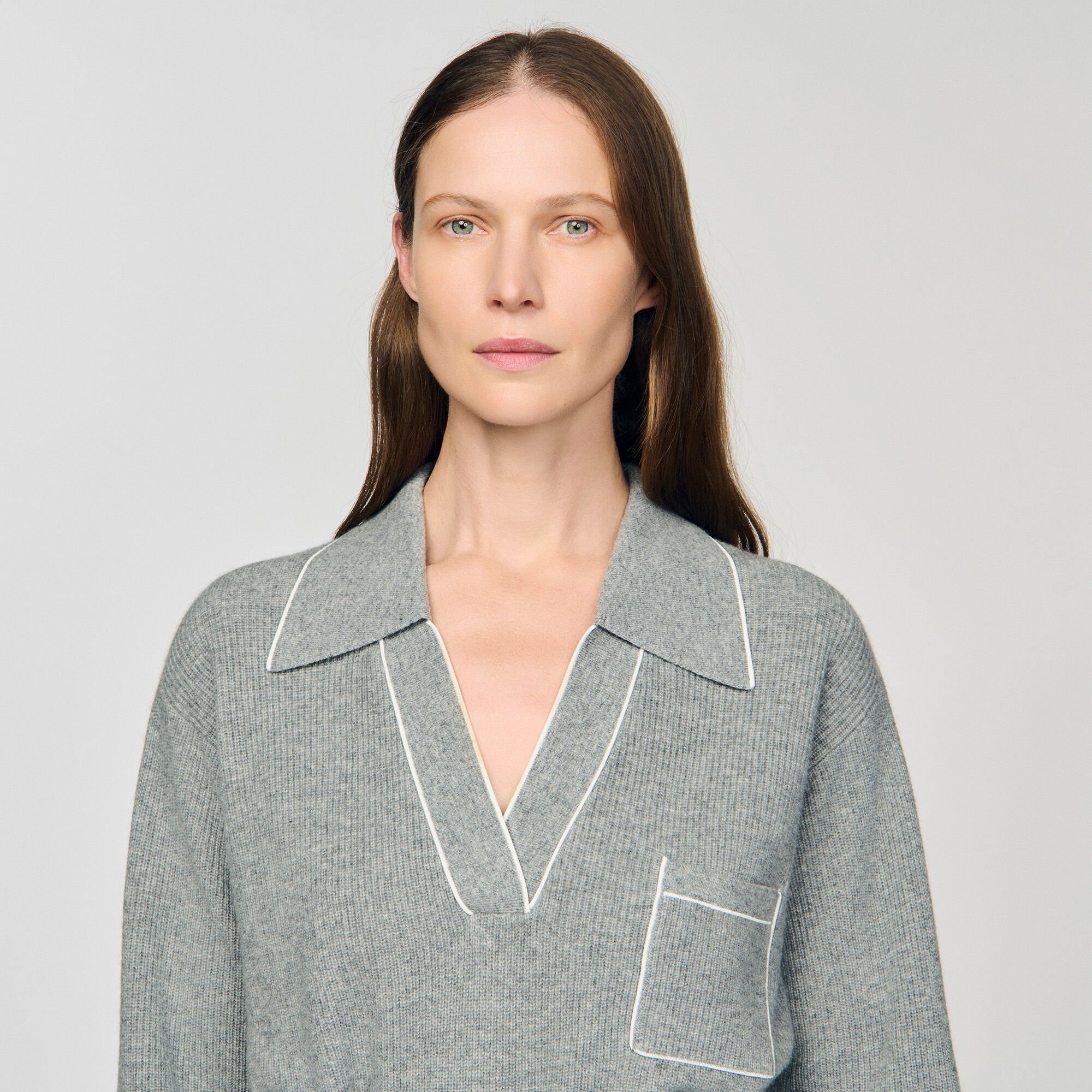 Open Polo-Collar Neck Sweater