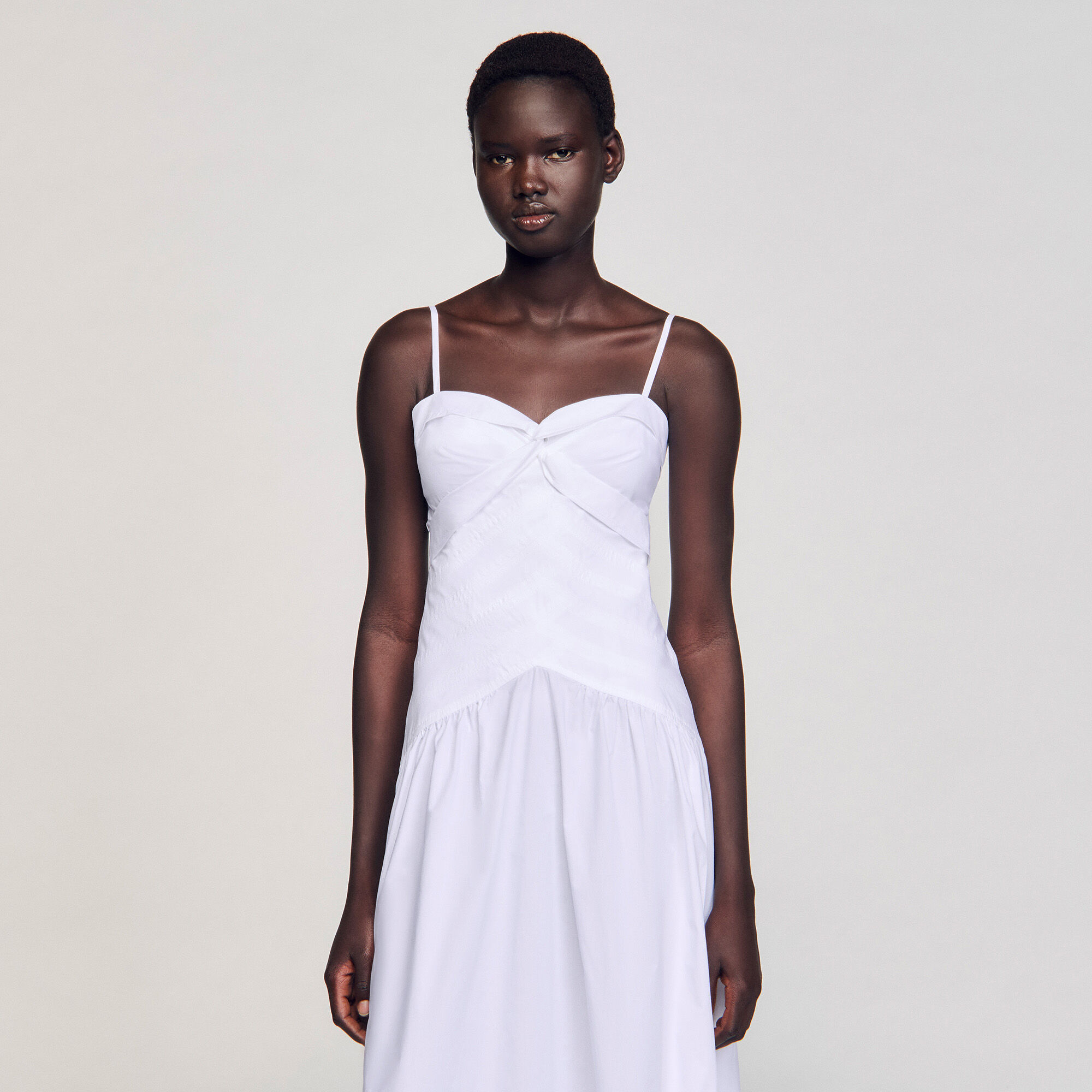 Draped bustier maxi dress white / beige For Women | Sandro Paris