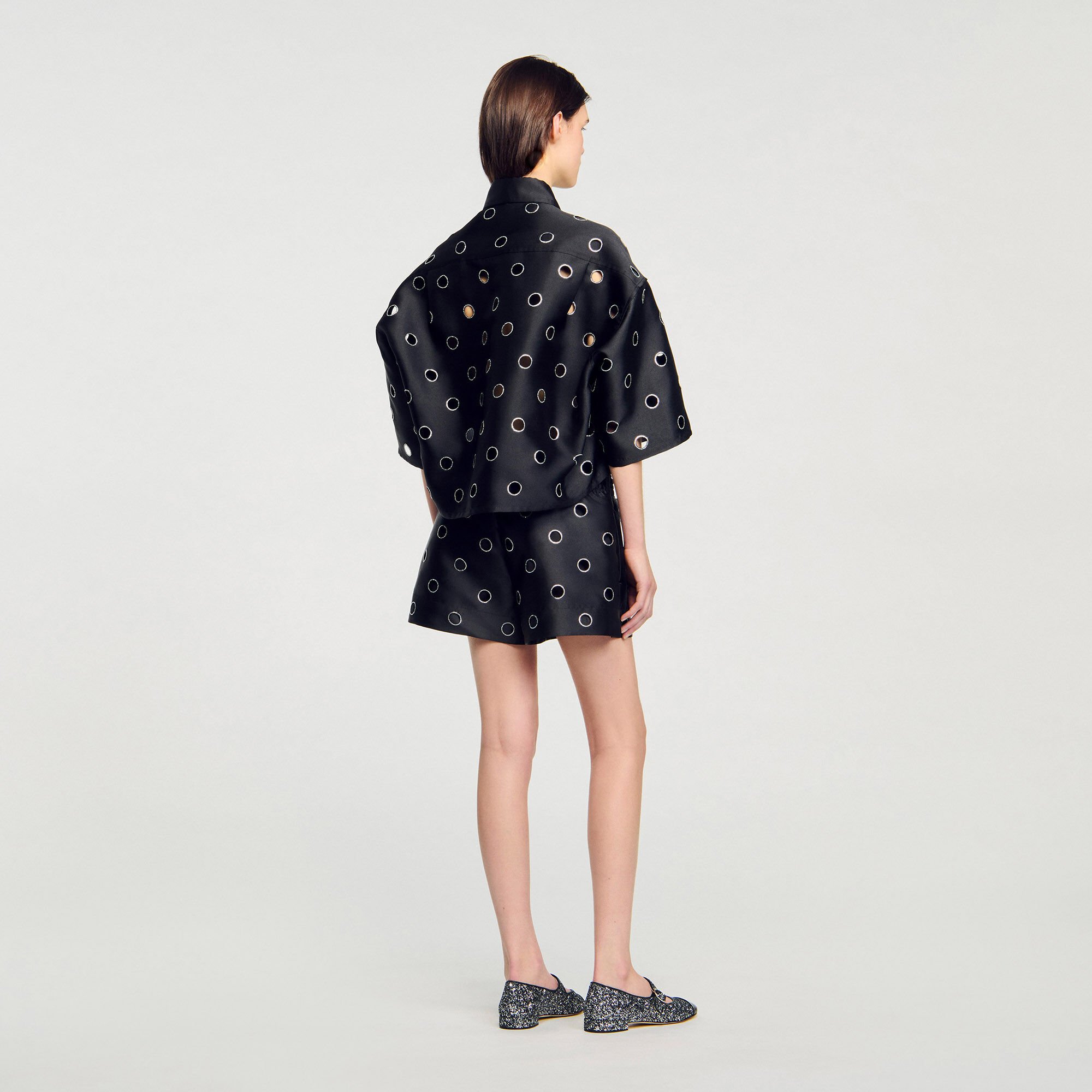 Oversized shirt with rhinestones holes black / gray For